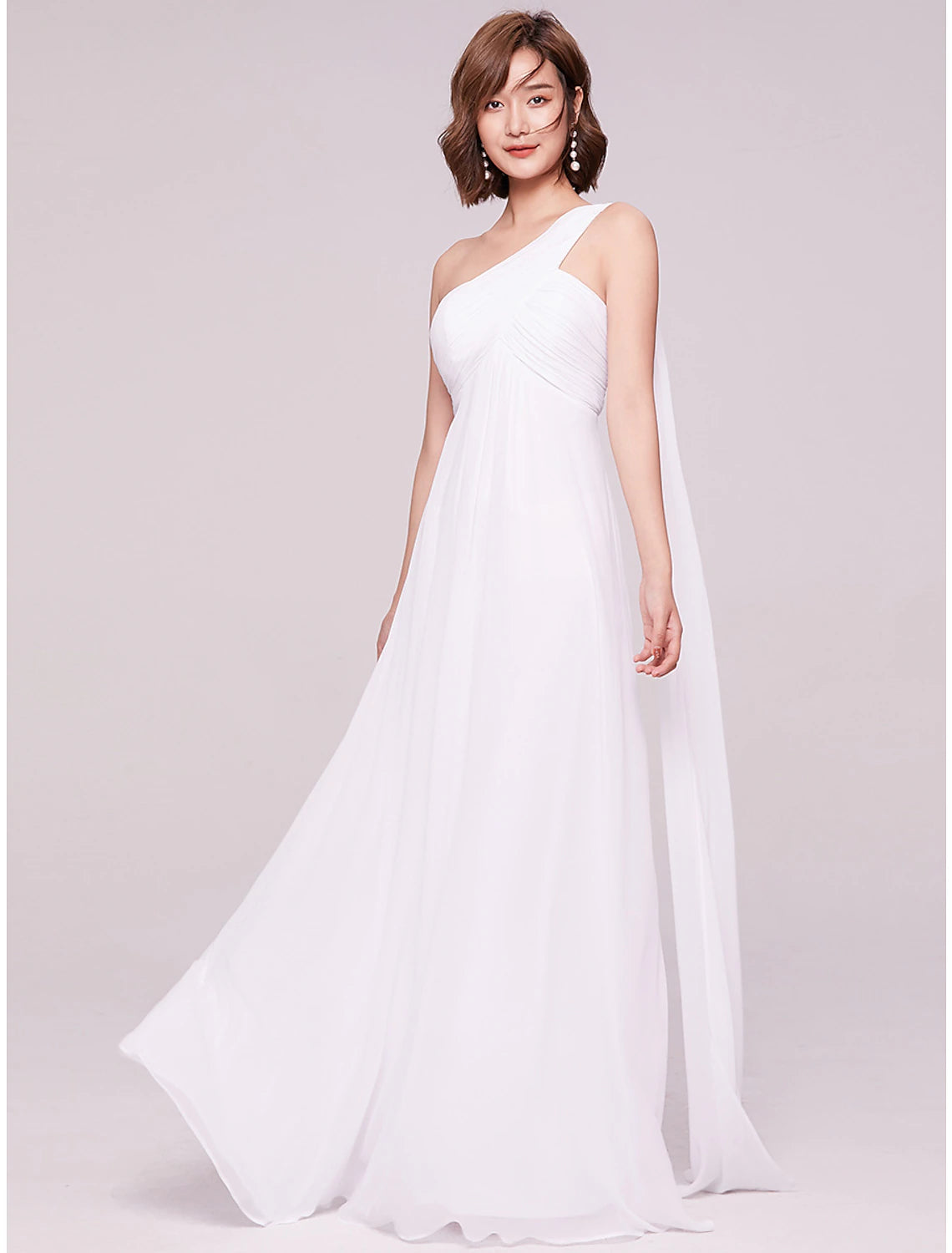 wholesale  A-Line Evening Gown Empire Dress Formal Evening Floor Length Sleeveless One Shoulder Bridesmaid Dress Chiffon Backless with Pleats Draping
