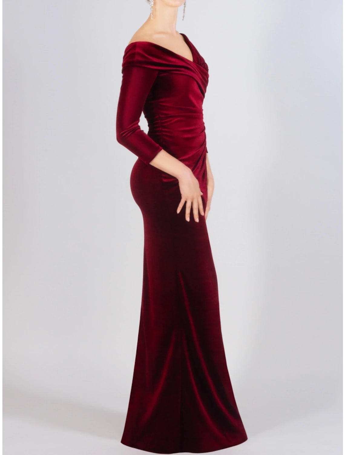 Wholesa Sheath / Column Mother of the Bride Dress Wedding Guest Elegant Off Shoulder Floor Length Velvet 3/4 Length Sleeve with Split Front Ruching