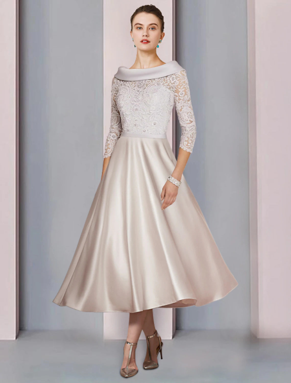 wholesale  A-Line Mother of the Bride Dress Formal Church Party Elegant Cowl Neck Tea Length Satin Lace 3/4 Length Sleeve with Beading Appliques