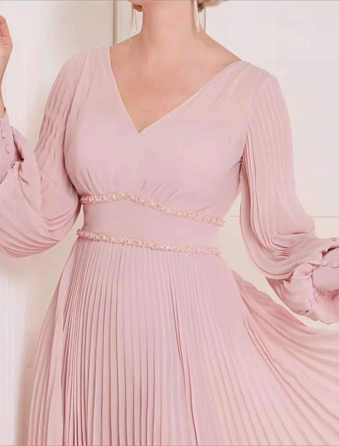 Wholesa  A-Line Mother of the Bride Dress Formal Wedding Guest Elegant Scoop Neck V Neck Tea Length Chiffon Long Sleeve with Crystals Ruching Solid Color