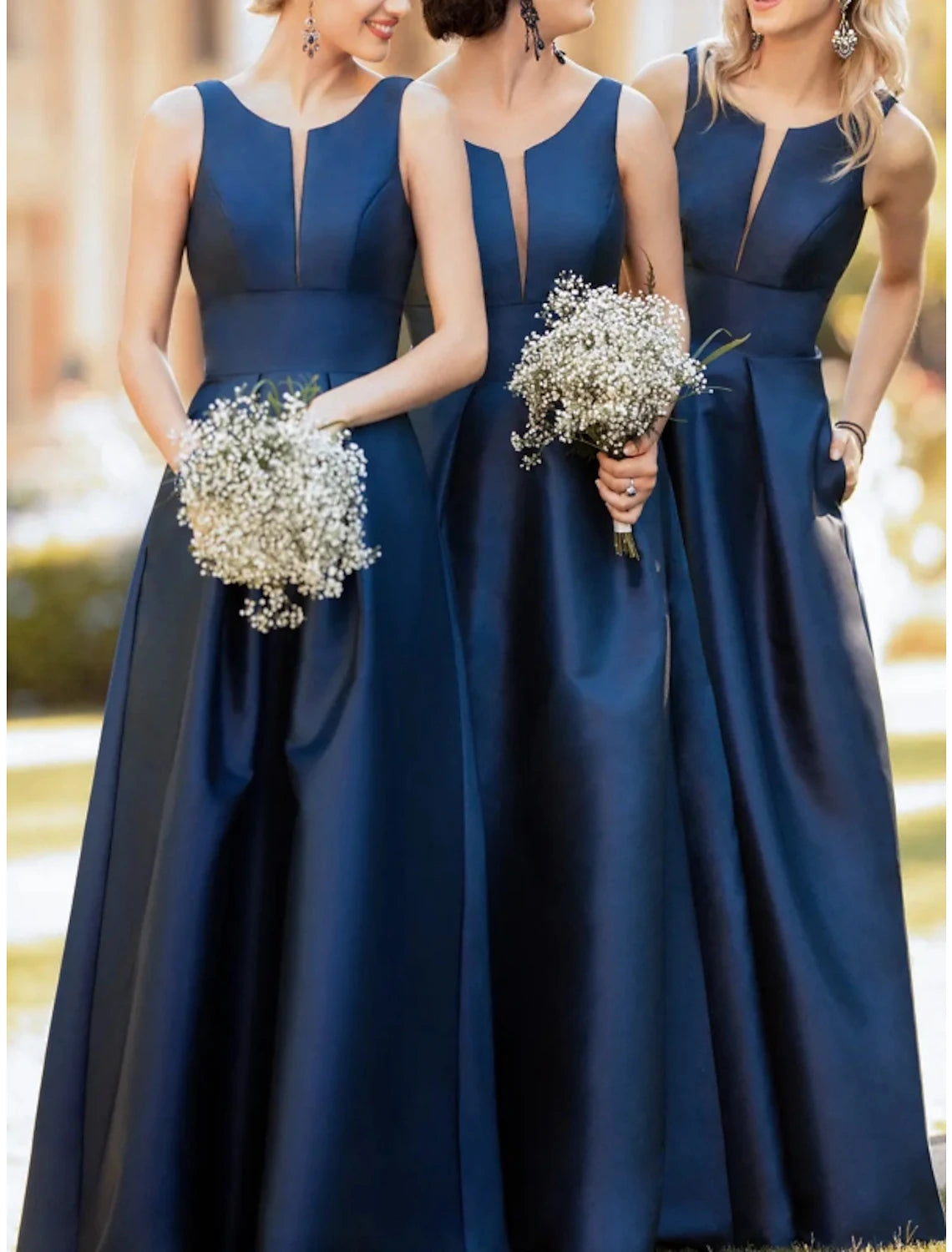 Wholesa  Sheath / Column Bridesmaid Dress Scoop Neck Sleeveless Blue Floor Length Satin with Pleats / Solid Color