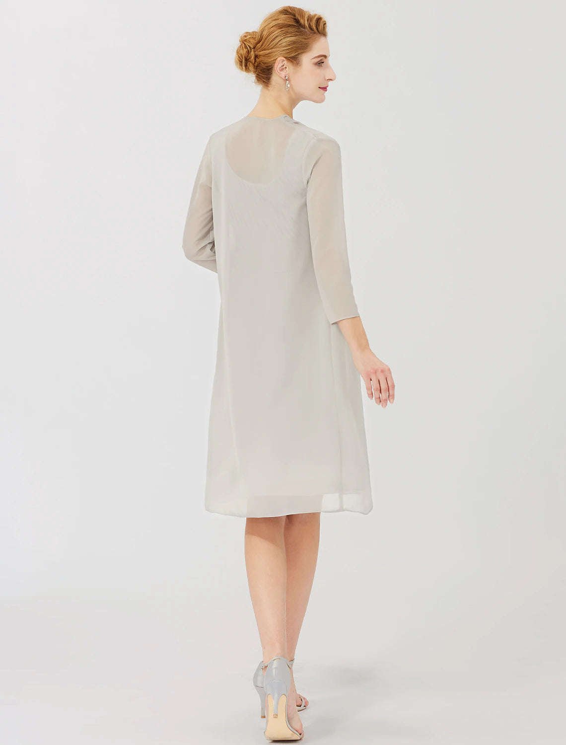 wholesale   Sheath / Column Mother of the Bride Dress Formal Classic & Timeless Elegant & Luxurious Convertible Dress Jewel Neck Knee Length Chiffon 3/4 Length Sleeve with Criss Cross Crystal Brooch