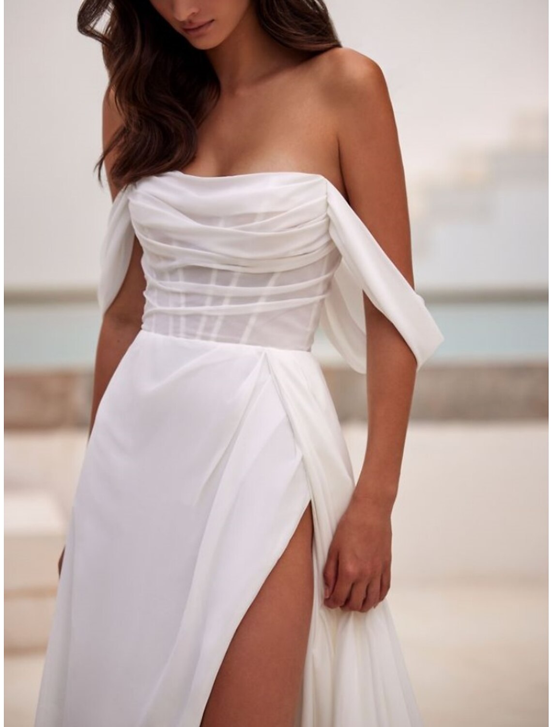 Wholesa Hall Formal Wedding Dresses Sheath / Column Off Shoulder Short Sleeve Court Train Organza Bridal Gowns With Pleats Ruched