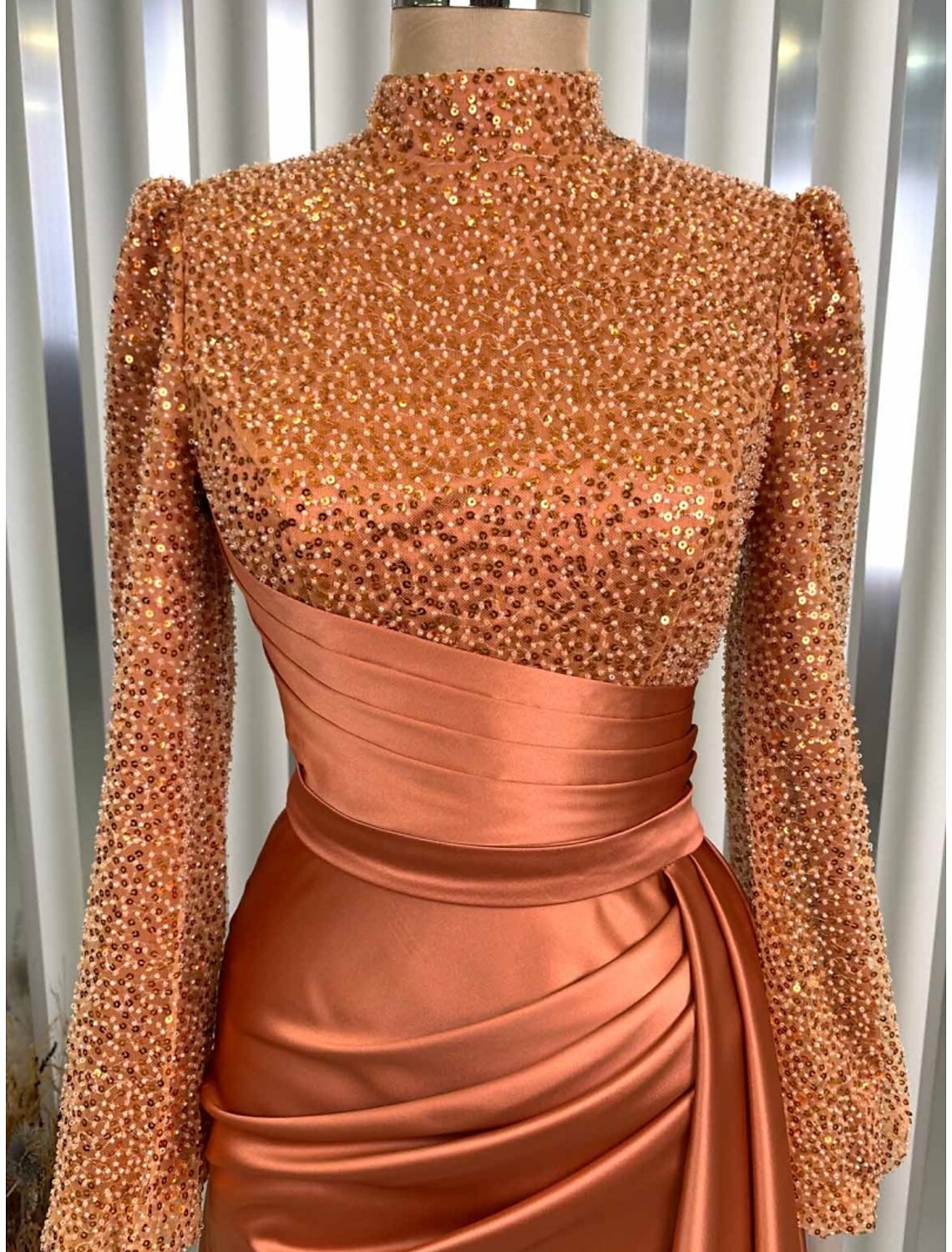 Wholesa  A-Line Evening Gown Champagne Christmas Elegant Dress Formal Sweep / Brush Train Long Sleeve High Neck Satin with Glitter Pleats Ruched