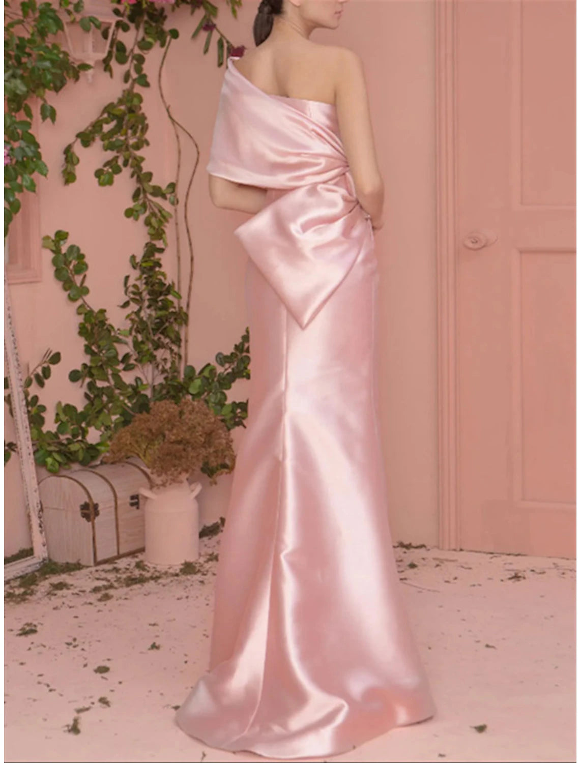 Wholesa Mermaid / Trumpet Prom Dresses Elegant Dress Engagement Formal Evening Floor Length Short Sleeve One Shoulder Satin with Bow(s)