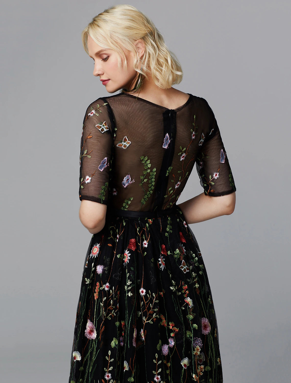 wholesale  A-Line Floral Dress Holiday Wedding Guest Tea Length Half Sleeve Illusion Neck Lace with Embroidery Appliques
