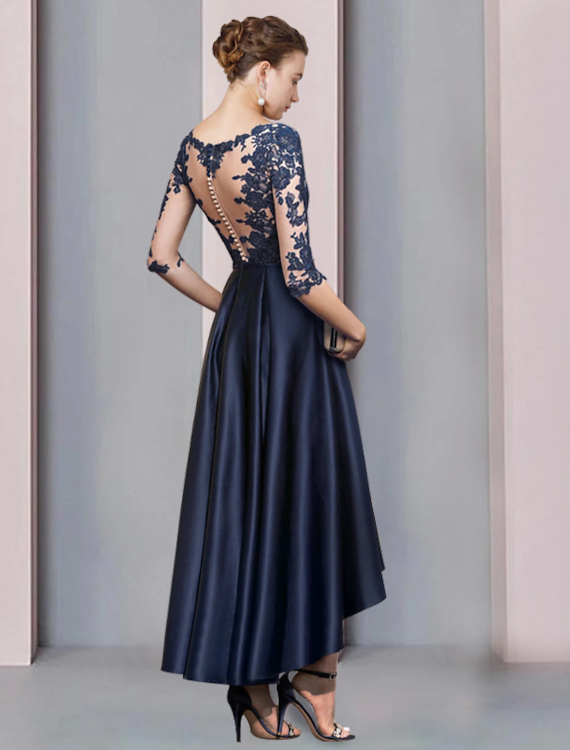 wholesale  A-Line Mother of the Bride Dress Wedding Guest Vintage Sexy V Neck Asymmetrical Satin Lace Half Sleeve with Pleats