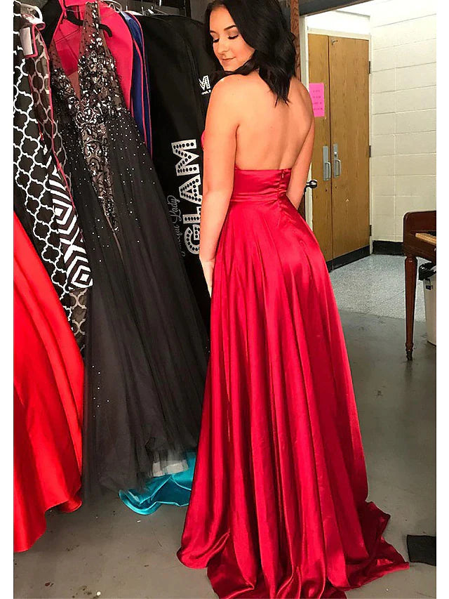 Wholesa A-Line Prom Dresses Sexy Dress Formal Court Train Sleeveless High Neck Imitation Silk Backless with Pleats