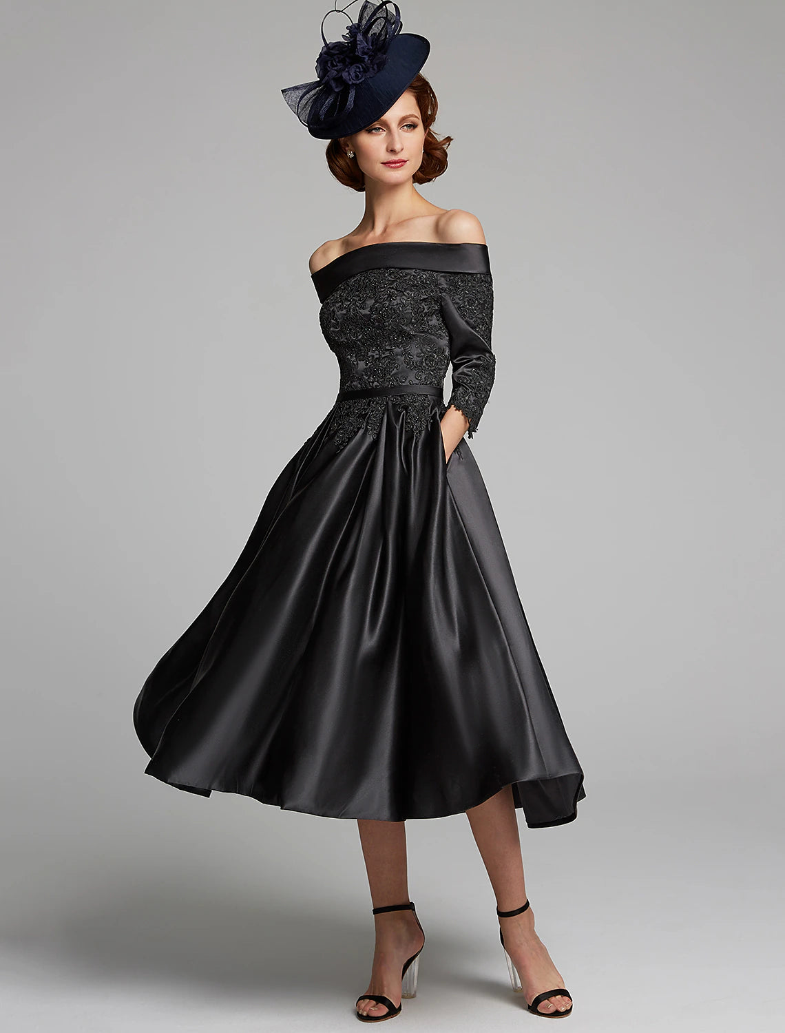 wholesale  A-Line Mother of the Bride Dress Plus Size Sexy Off Shoulder Tea Length Satin Lace 3/4 Length Sleeve with Lace Sash / Ribbon