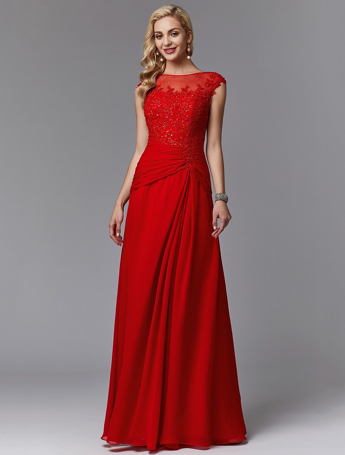 wholesale  Sheath / Column Mother of the Bride Dress Chinese Style See Through Illusion Detail Boat Neck Floor Length Chiffon Lace Sleeveless with Pleats Beading Appliques