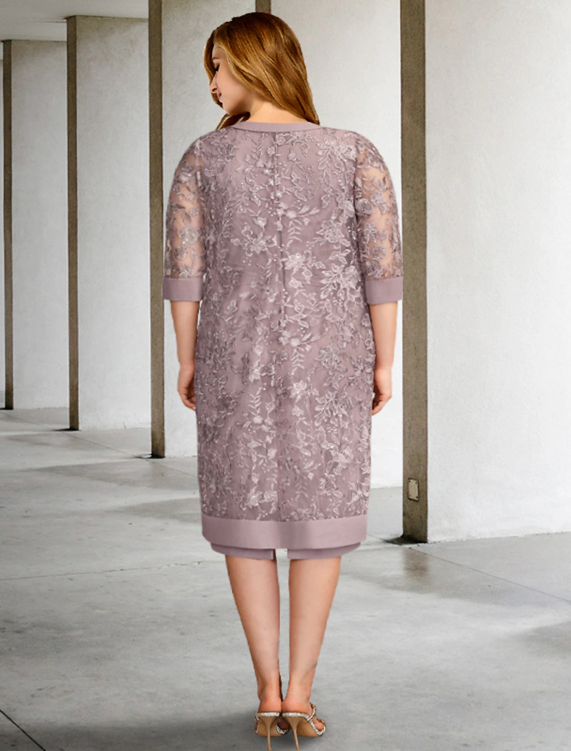 wholesale  Two Piece A-Line Mother of the Bride Dresses Plus Size Hide Belly Curve Elegant Dress Formal Knee Length Short Sleeve Jewel Neck Chiffon with Ruched Overskirt Strappy