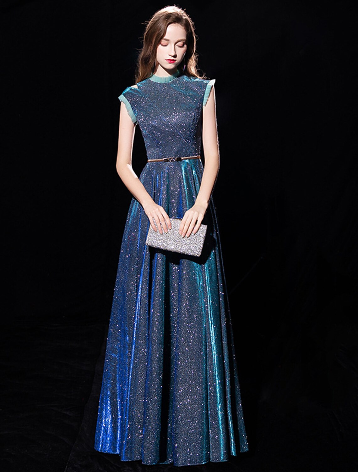 Wholesa A-Line Elegant Sparkle & Shine Formal Evening Dress High Neck Sleeveless Floor Length Tulle with Sash / Ribbon