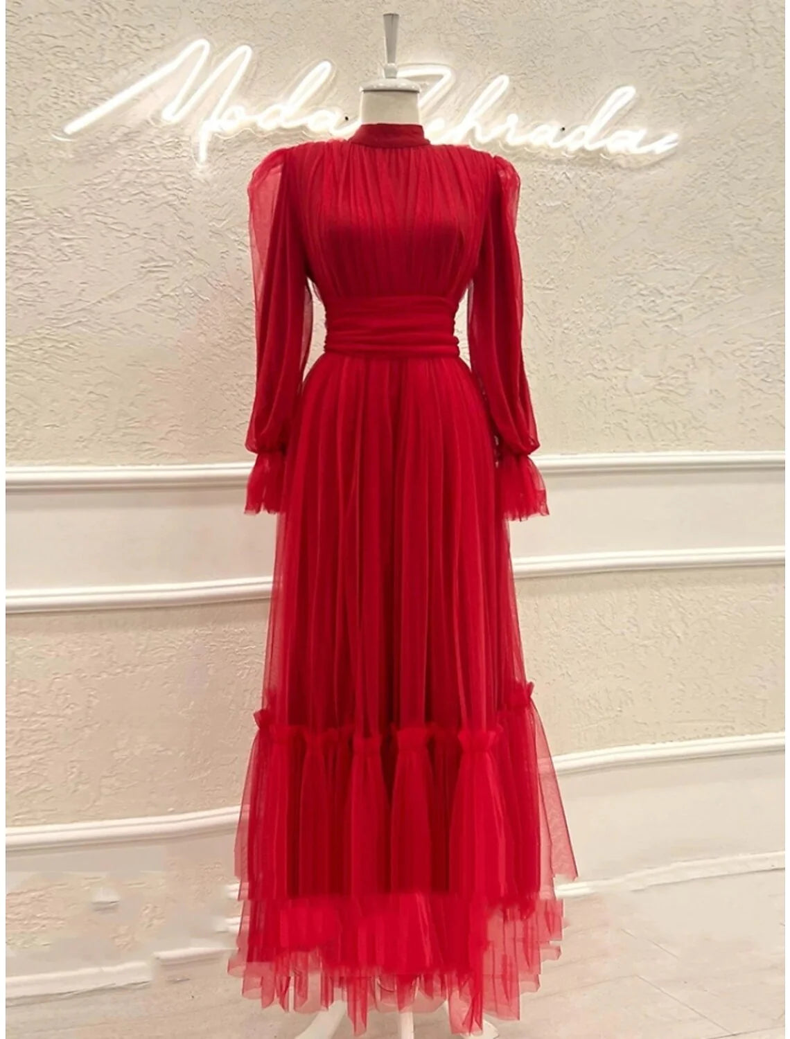 Wholesa A-Line Prom Dresses Elegant Dress Formal Ankle Length Long Sleeve High Neck Tulle with Pleats Ruched