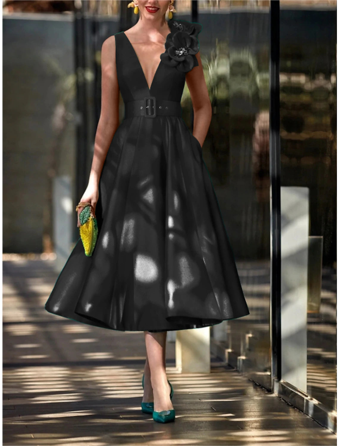 Wholesa A-Line Cocktail Fall Dresses Red Green Dress Vintage Formal Tea Length Sleeveless V Neck Belt / Sash Satin with Pleats Shouder Flower