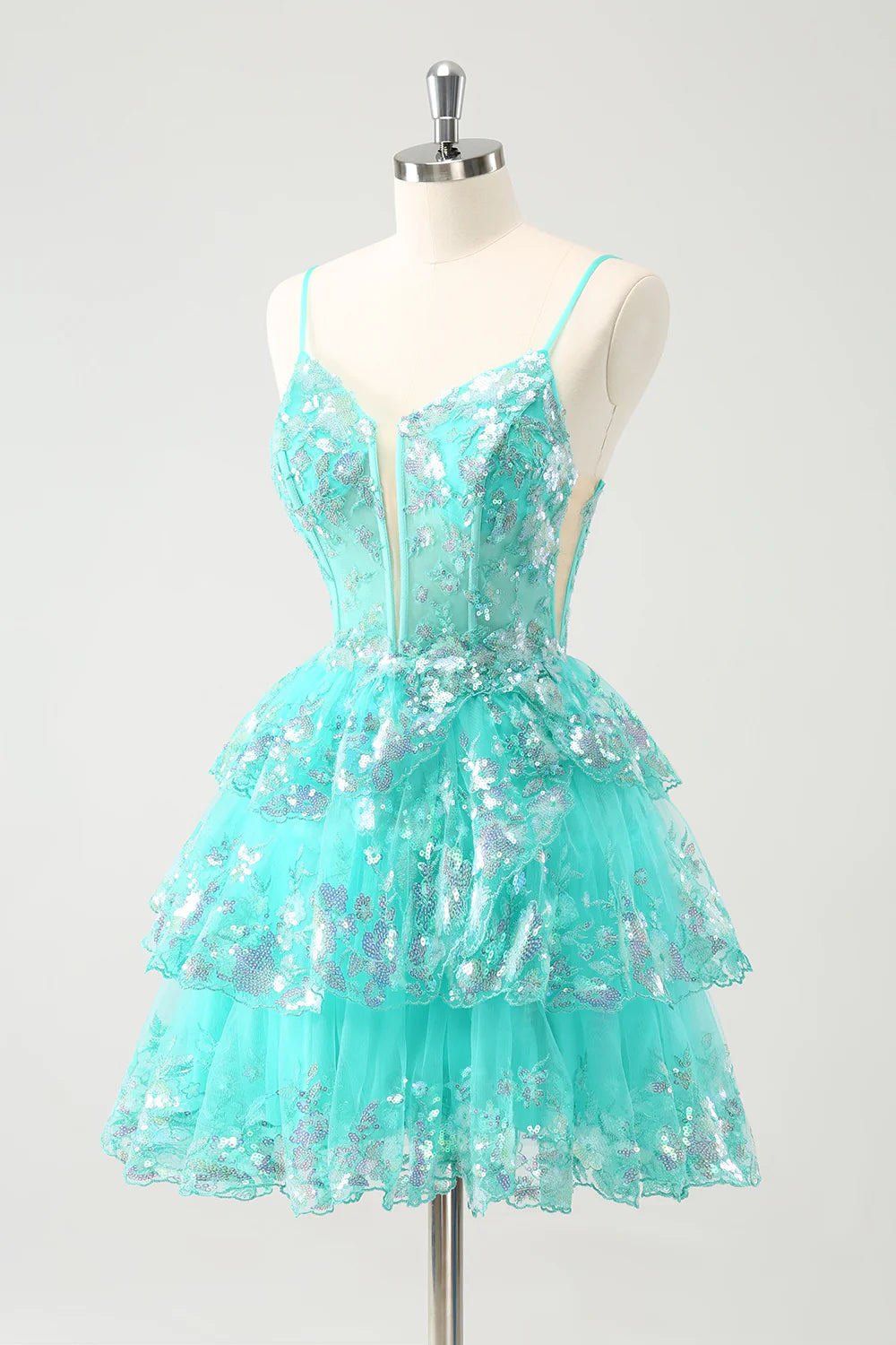 Wholesa A-Line Spaghetti Straps Sequined Tiered Party Dress Homecoming Dresses