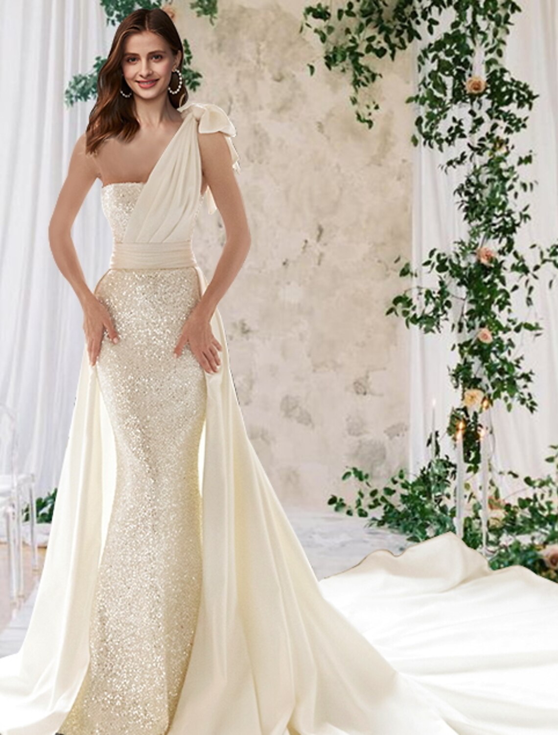 wholesale  Engagement Sparkle & Shine Formal Wedding Dresses Court Train Mermaid / Trumpet Sleeveless One Shoulder Satin With Sequin