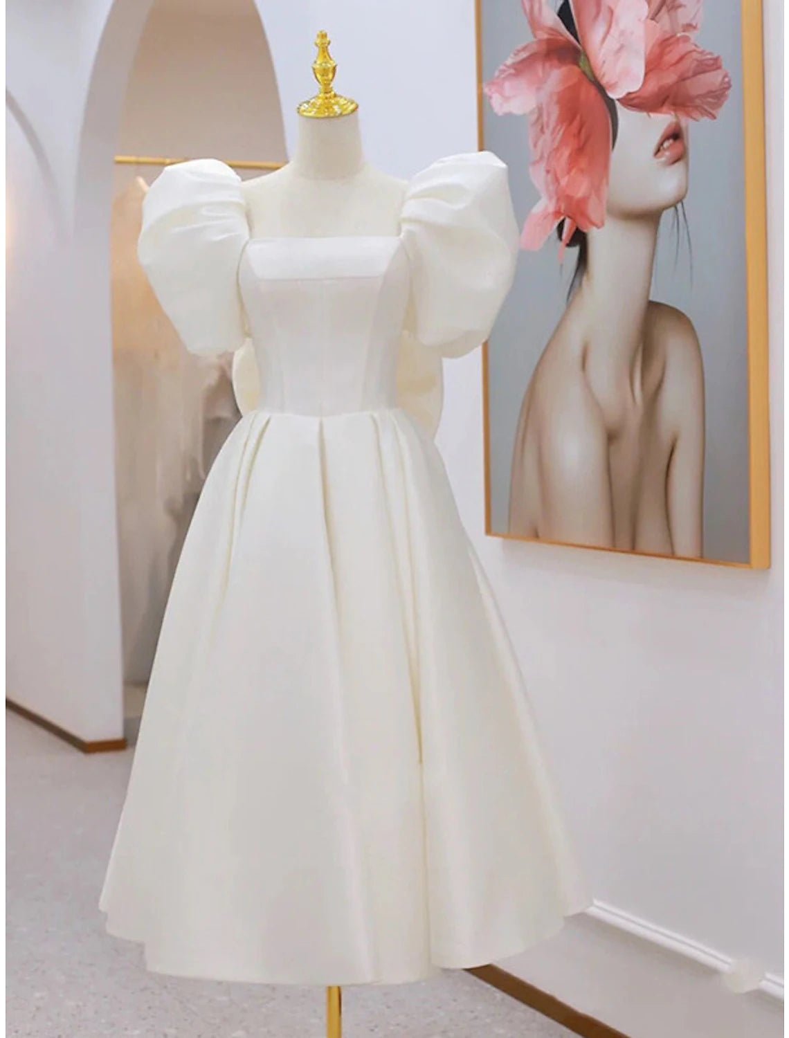 wholesale  Reception Little White Dresses Wedding Dresses A-Line Square Neck Short Sleeve Knee Length Satin Bridal Gowns With Bow(s)