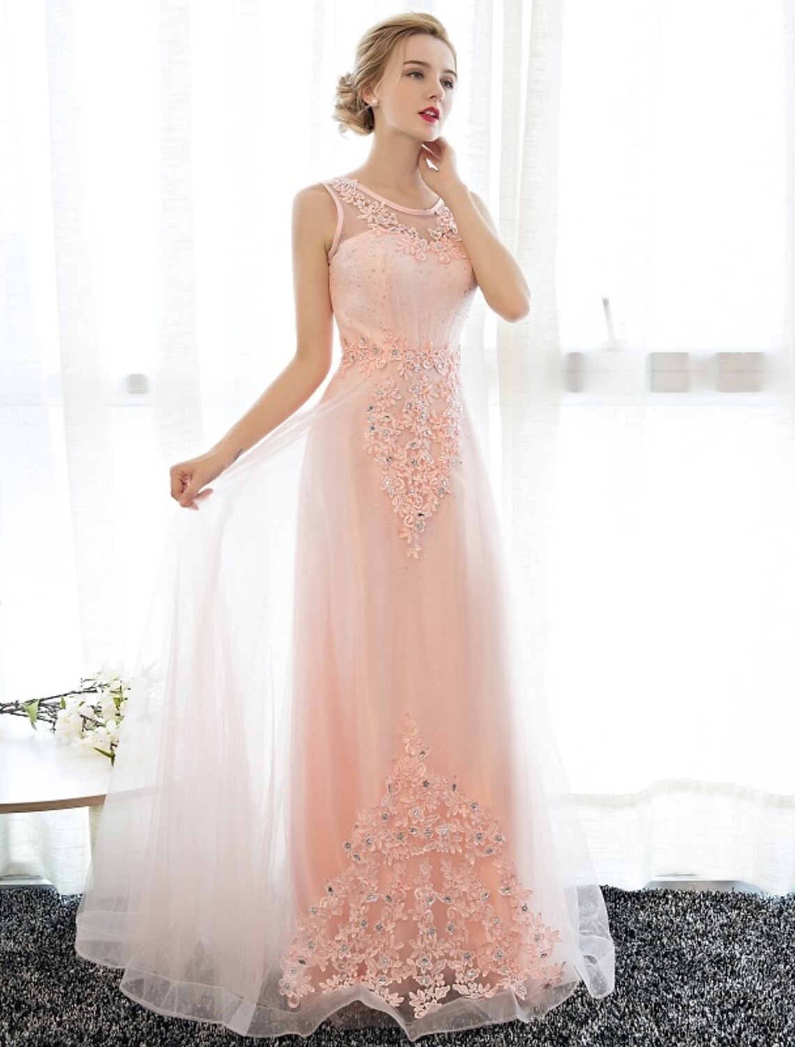 Wholesa Sheath / Column Dress Wedding Guest Prom Floor Length Sleeveless Illusion Neck Satin with Crystals Appliques