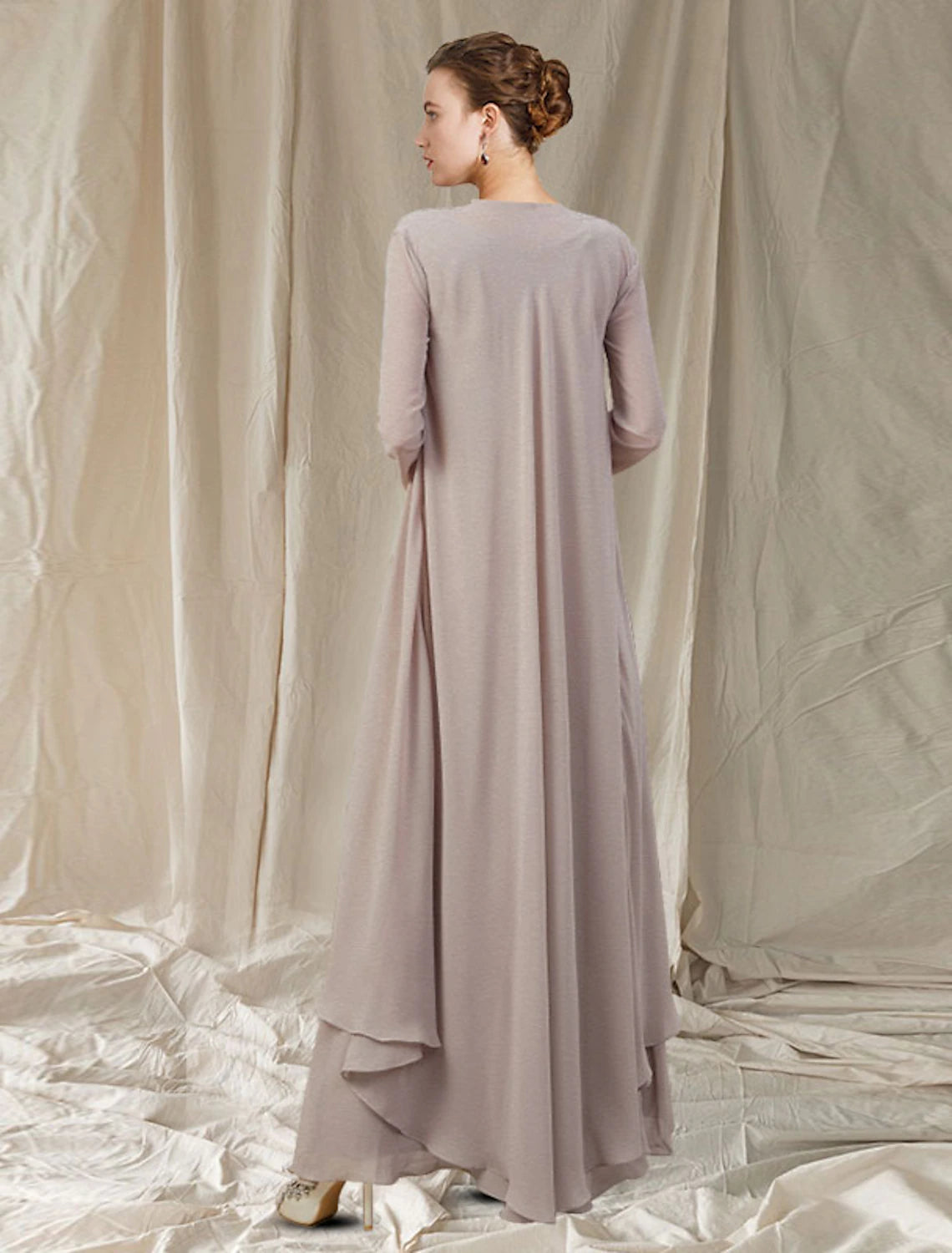 wholesale  Two Piece A-Line Mother of the Bride Dress Plus Size Elegant V Neck Floor Length Chiffon Long Sleeve Jacket Dresses with Appliques