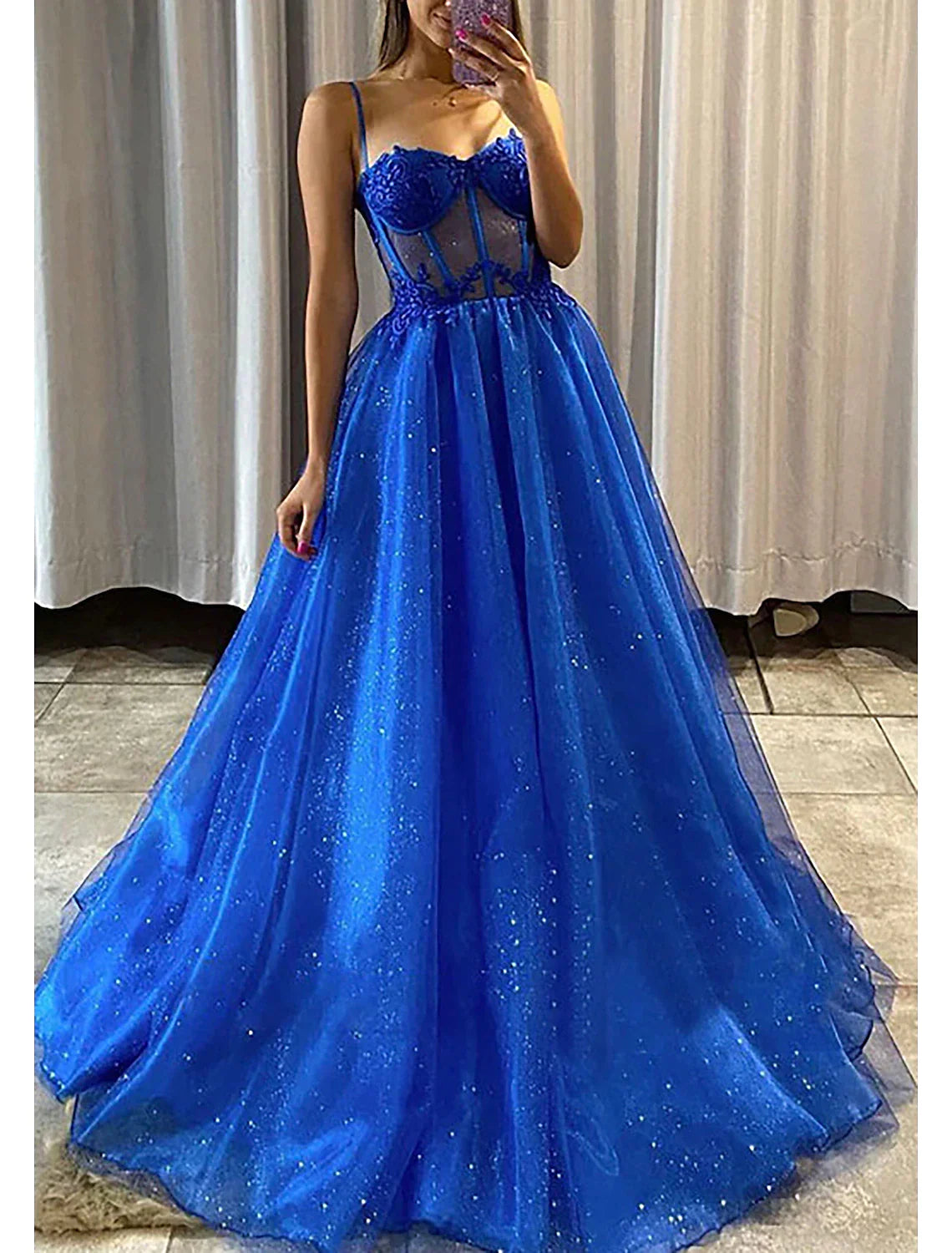 Wholesa A-Line Prom Dresses Glittering Dress Formal Floor Length Sleeveless Spaghetti Strap Tulle Backless with Pleats Appliques