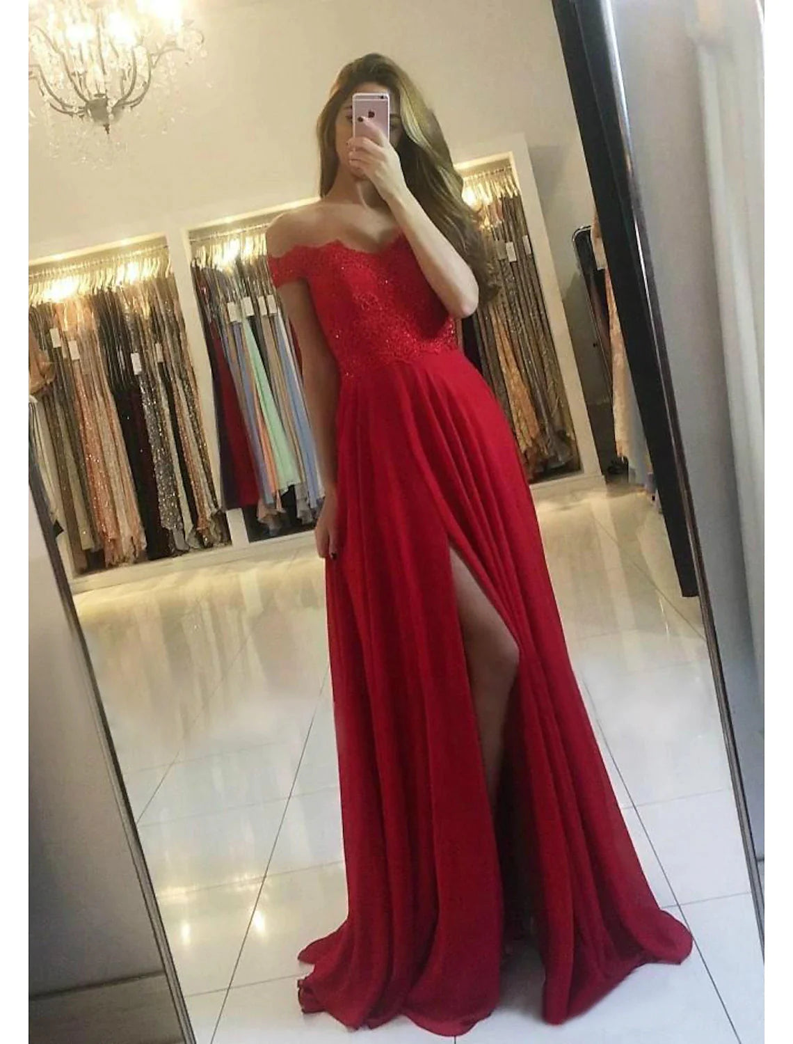 Wholesa A-Line Prom Dresses Glittering Dress Formal Floor Length Sleeveless Off Shoulder Chiffon Backless with Pleats Slit