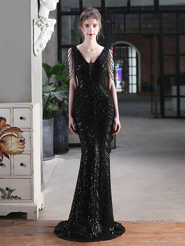 Wholesa Mermaid / Trumpet Evening Gown Sexy Dress Formal Floor Length Sleeveless V Neck Sequined with Sequin Tassel