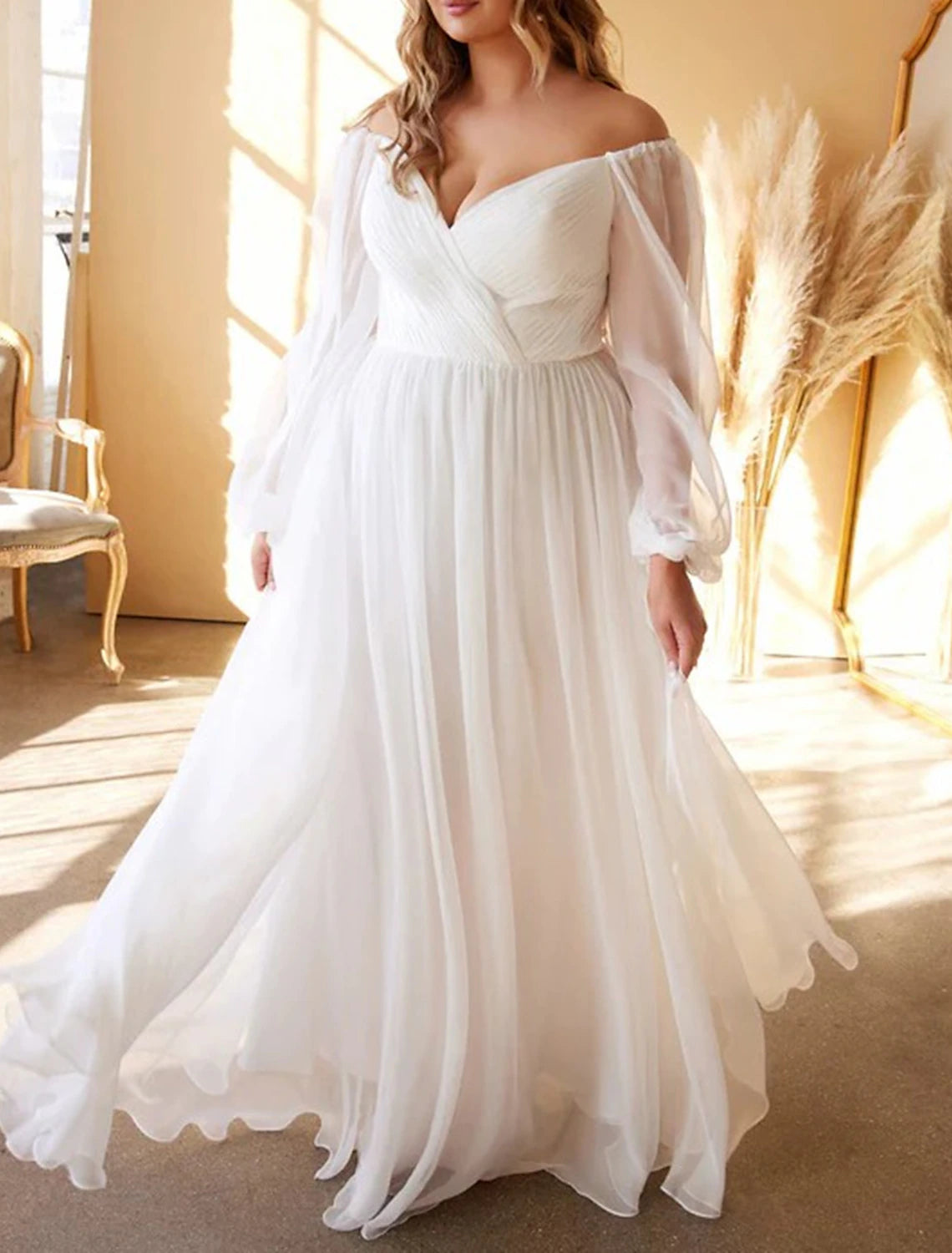 Wholesa Beach Simple Wedding Dresses A-Line Off Shoulder Long Sleeve Floor Length Chiffon Bridal Gowns With Pleats Solid Color Summer Wedding Party
