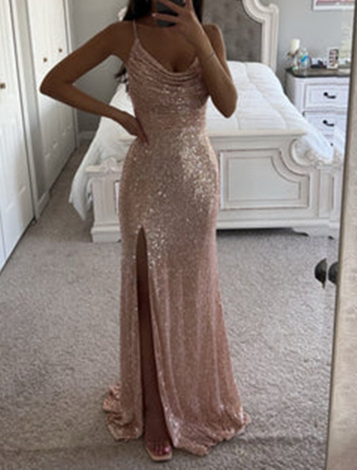 Wholesa Mermaid / Trumpet Prom Dresses Sparkle Dress Formal Evening Party Sweep / Brush Train Sleeveless Spaghetti Strap Sequined with Ruched Sequin Slit