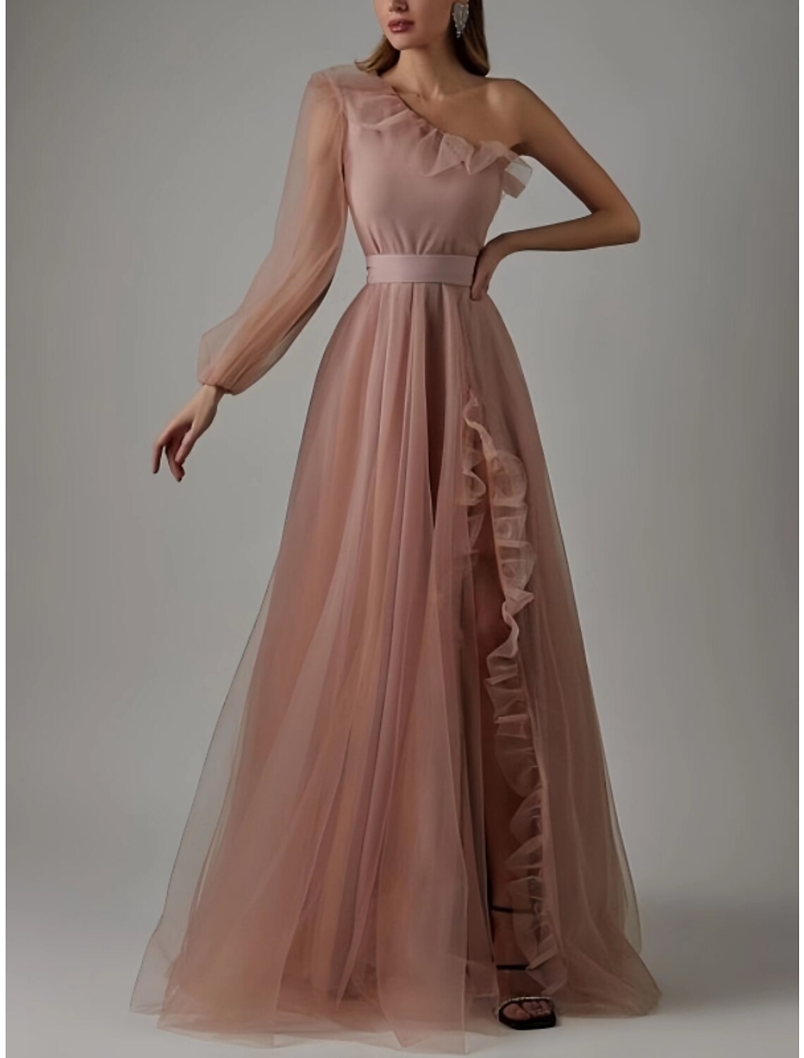 Wholesa  Sheath Prom Dress Elegant Black Dress Plus Size Evening Birthday Floor Length Long Sleeve One Shoulder Tulle with Pleats Ruffles Slit