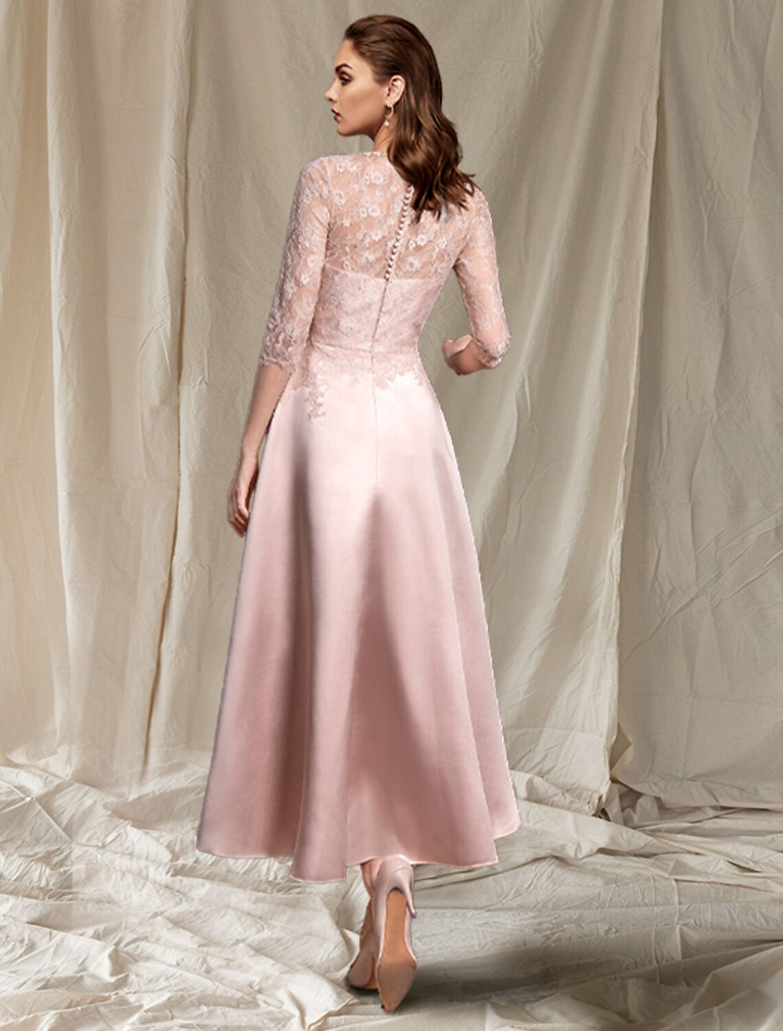 wholesale   A-Line Mother of the Bride Dress Elegant Jewel Neck Tea Length Satin Lace Half Sleeve with Pleats