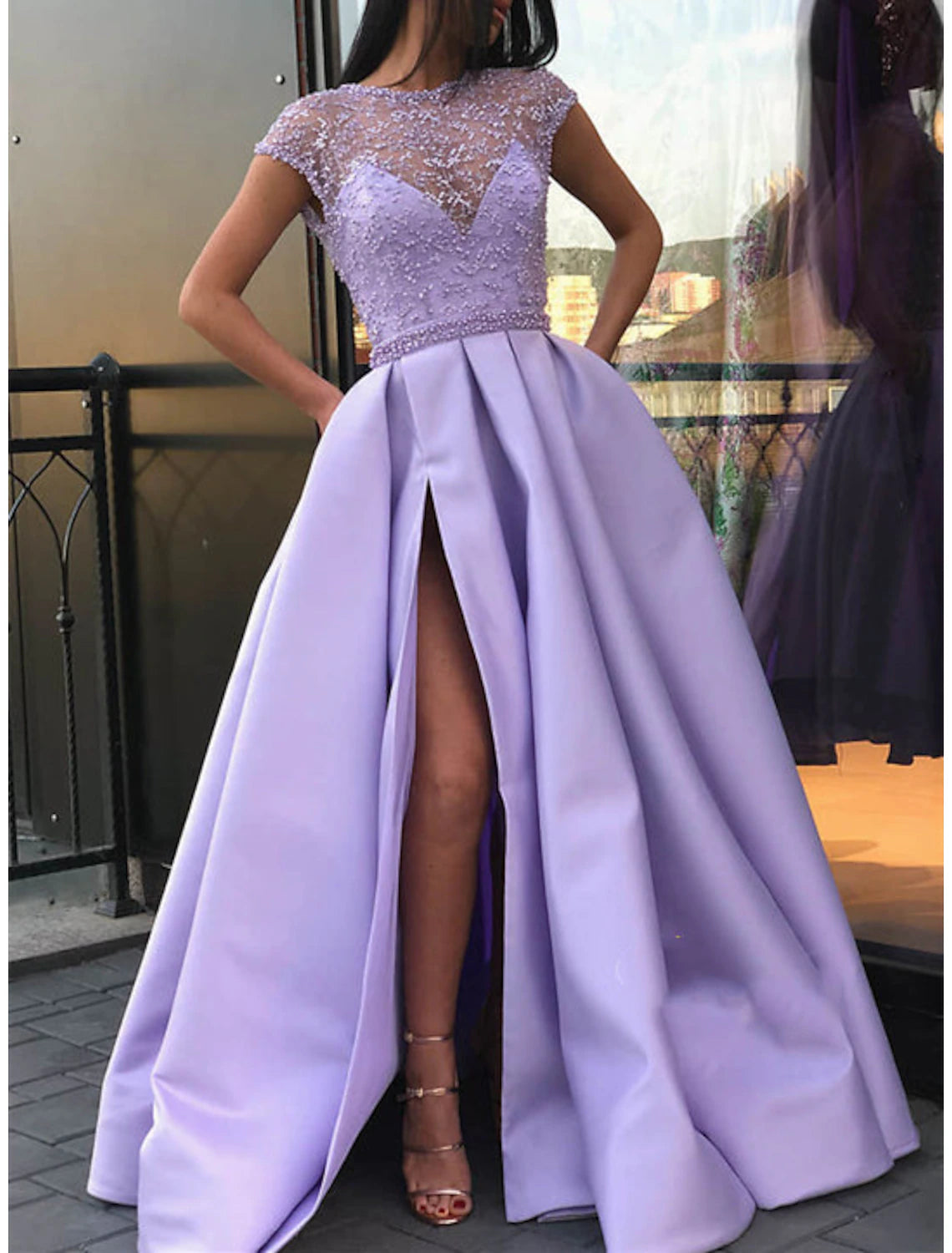 Wholesa A-Line Evening Gown Sparkle & Shine Dress Formal Wedding Court Train Short Sleeve Jewel Neck Belt / Sash Satin with Slit Appliques