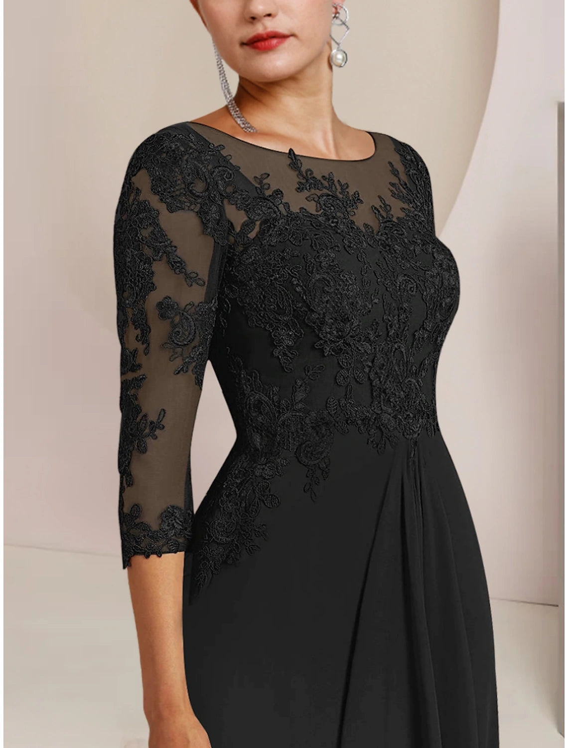 Wholesa A-Line Mother of the Bride Dress Wedding Guest Elegant Party Scoop Neck Sweep / Brush Train Chiffon Half Sleeve with Lace Ruffles