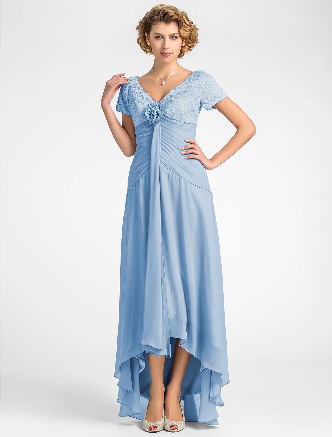 wholesale   A-Line Mother of the Bride Dress Floral High Low V Neck Asymmetrical Chiffon Lace Short Sleeve with Pleats Flower