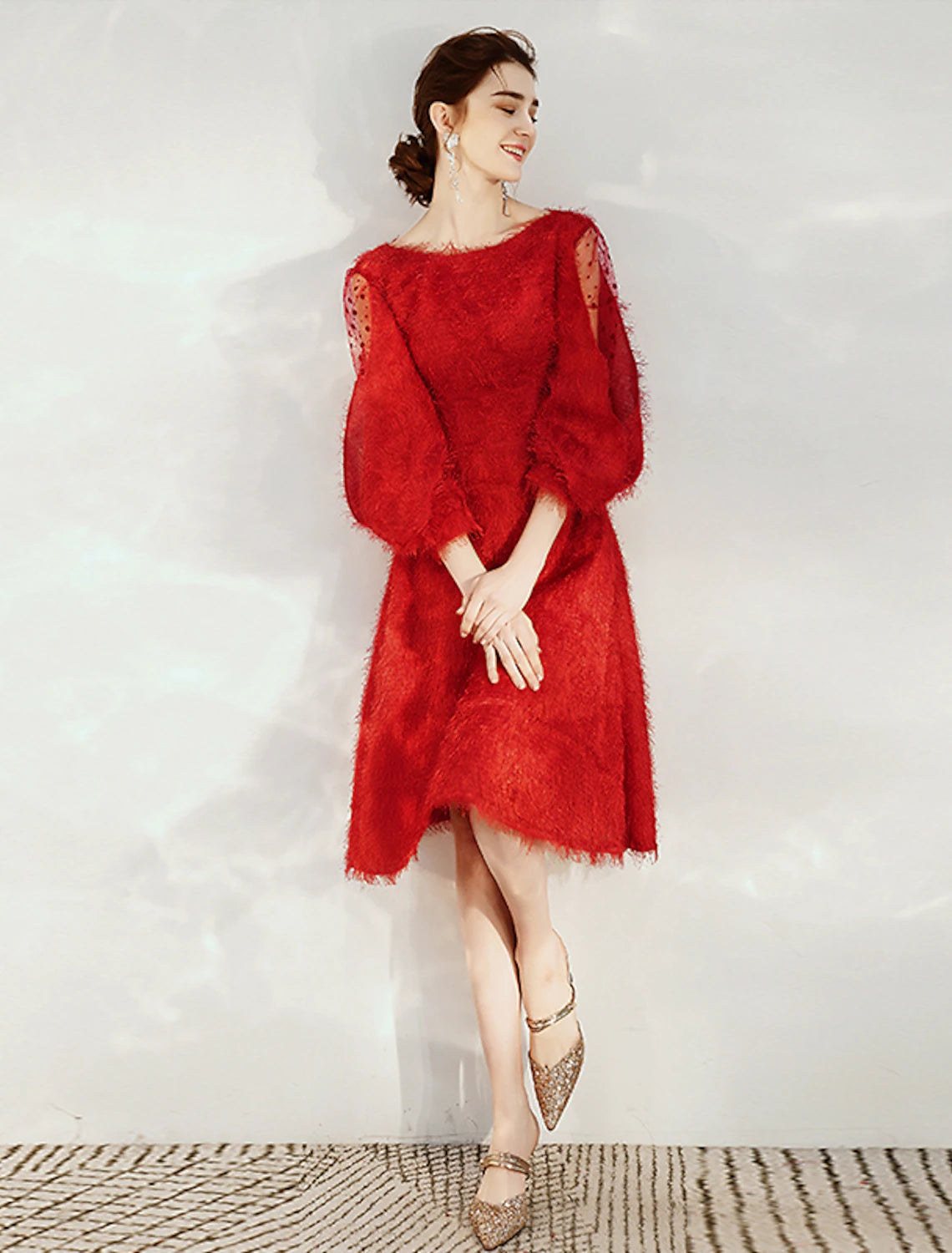 wholesale  A-Line Cocktail Dresses Princess Dress Cocktail Party Valentine's Day Tea Length 3/4 Length Sleeve Jewel Neck Nylon with Sash / Ribbon Pure Color