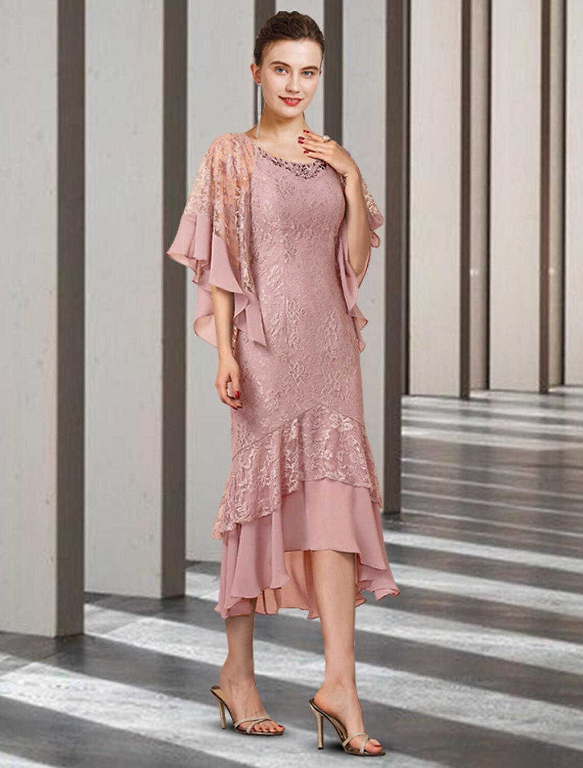 wholesale  Sheath / Column Mother of the Bride Dress Elegant High Low Jewel Neck Asymmetrical Tea Length Chiffon Lace Half Sleeve Wrap Included with Beading Ruffles Applique