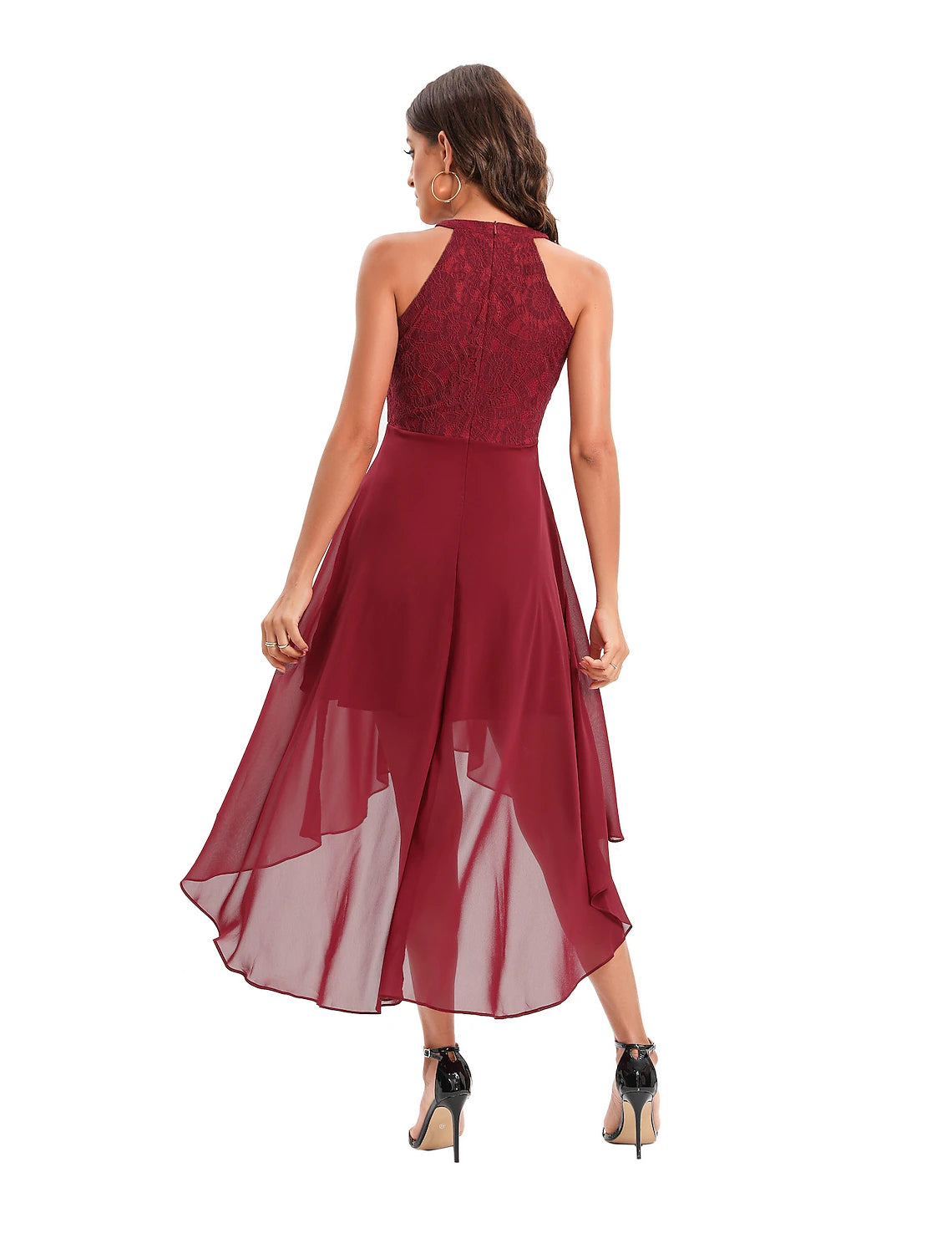 wholesa A-Line Minimalist Elegant Party Wear Cocktail Party Dress Halter Neck Sleeveless Asymmetrical Nylon with Pleats