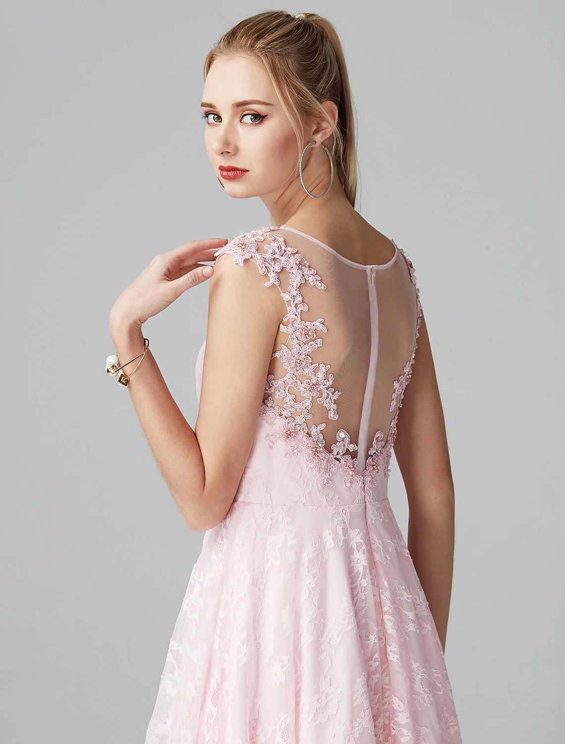 wholesa A-Line Prom Dresses Floral Dress Evening Party Wedding Guest Ankle Length Short Sleeve Illusion Neck Lace Zipper with Appliques