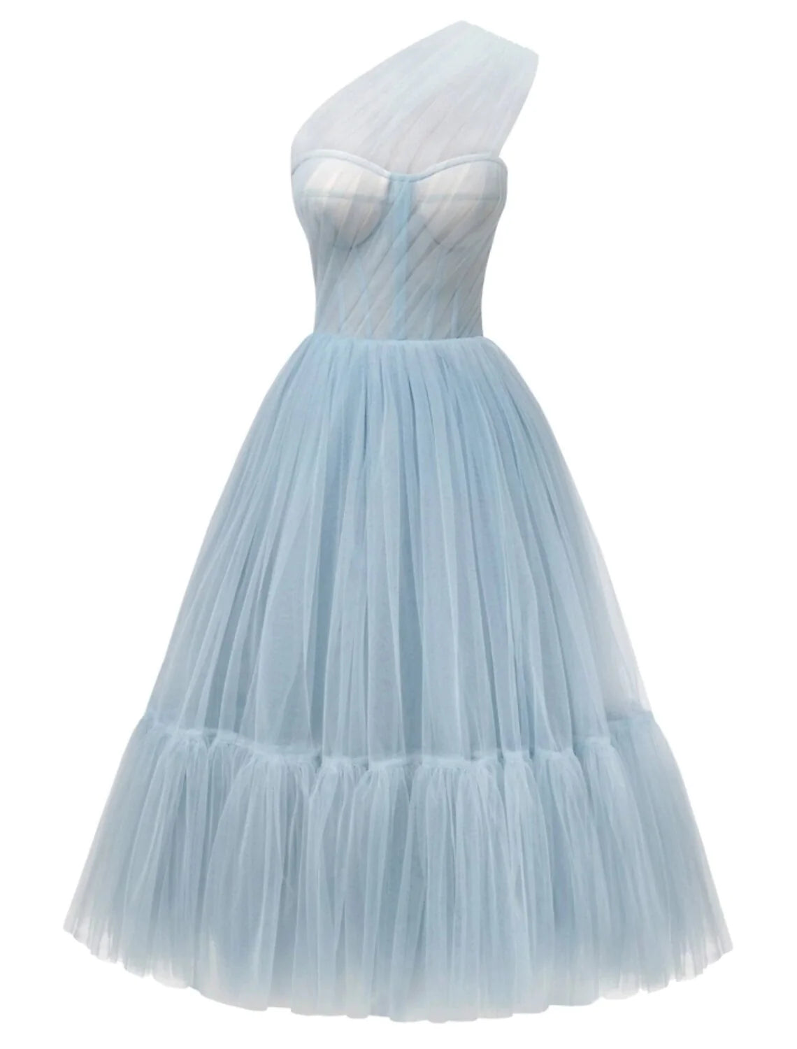 Wholesa A-Line Prom Dresses Elegant Dress Formal Tea Length Sleeveless One Shoulder Tulle with Pleats