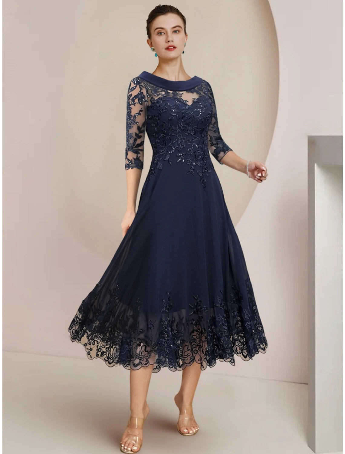 Wholesa  A-Line Mother of the Bride Dress Wedding Guest Elegant Petite Scoop Neck Tea Length Chiffon Lace Half Sleeve with Sequin Ruching Solid Color