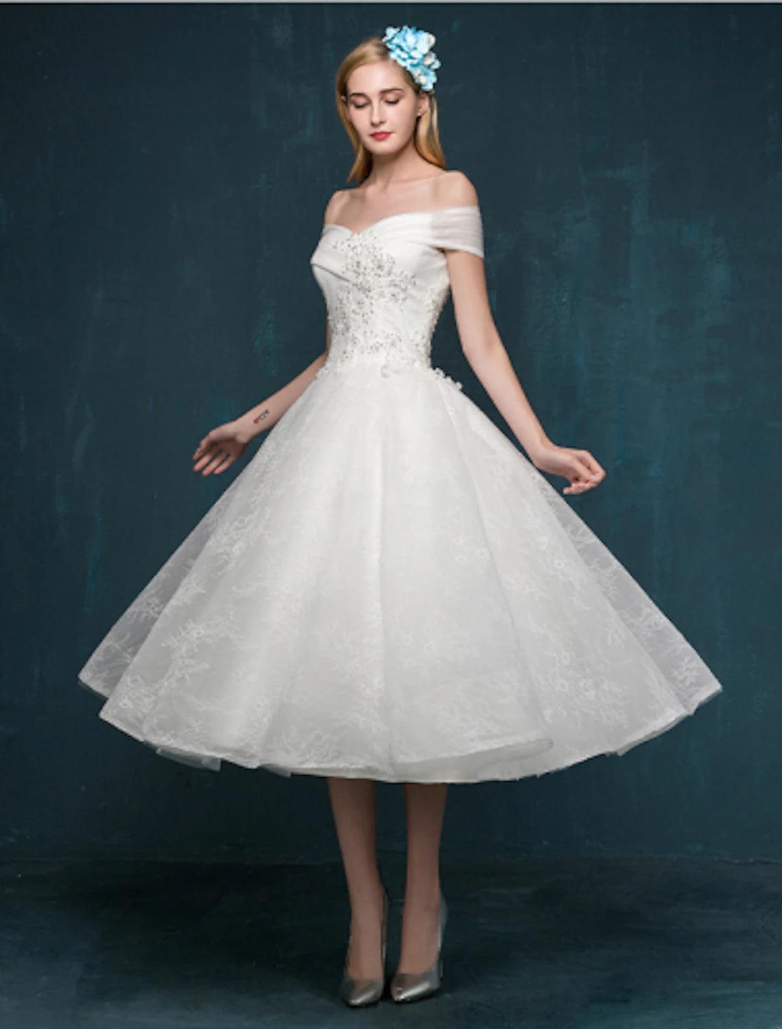 wholesale  Reception Little White Dresses Wedding Dresses A-Line Off Shoulder Cap Sleeve Tea Length Lace Bridal Gowns With Beading Sequin