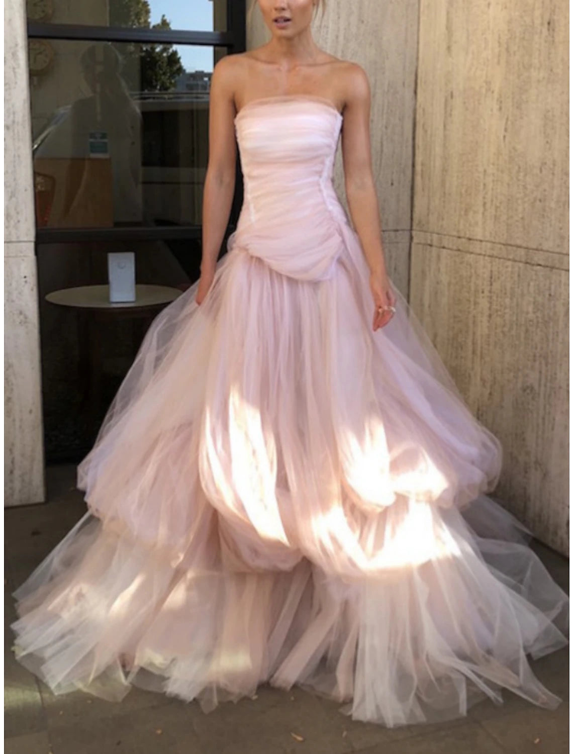 Wholesa  A-Line Evening Gown Elegant Dress Formal Court Train Sleeveless Strapless Tulle with Pleats Ruched