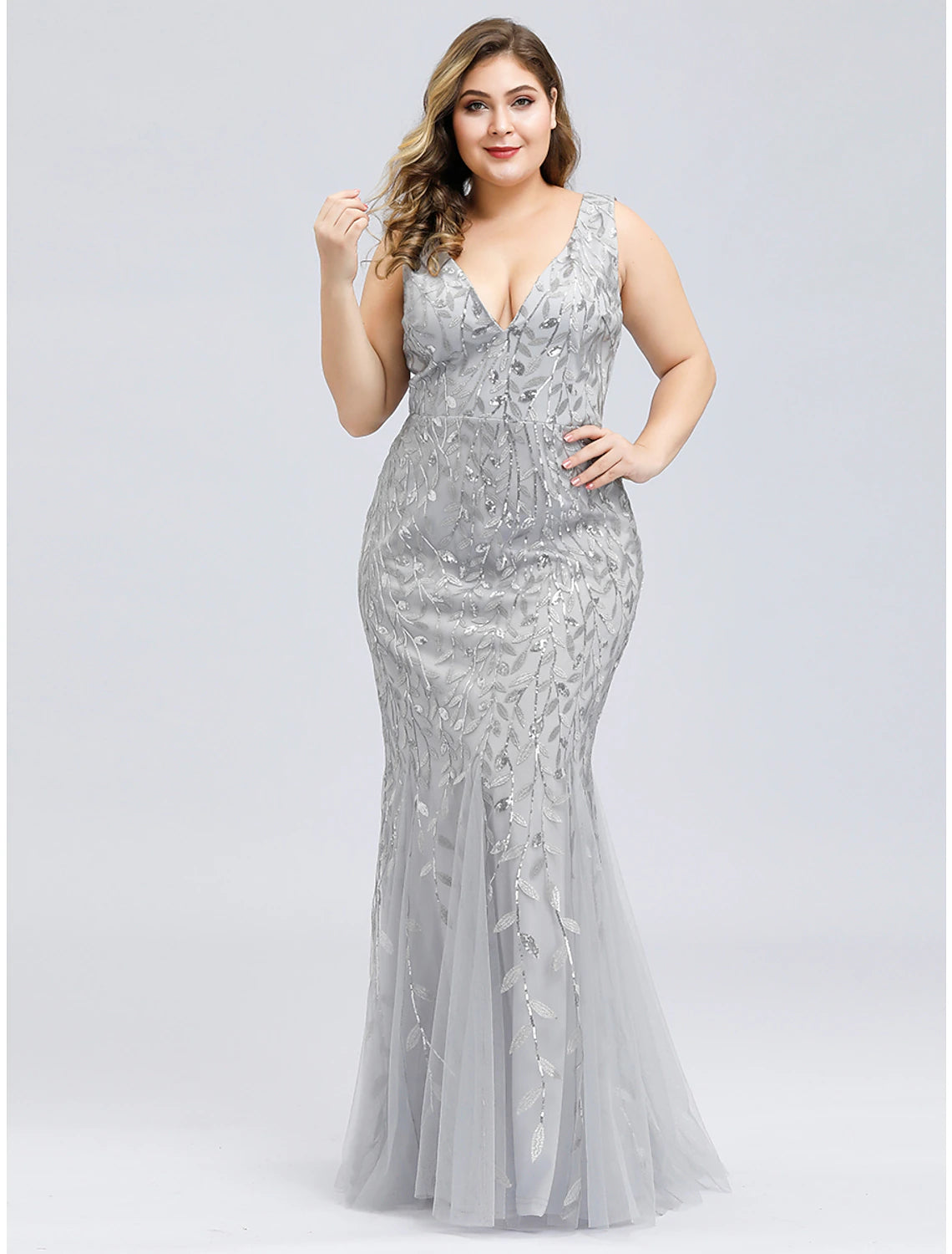 Wholesa Mermaid / Trumpet Evening Gown Plus Size Dress Wedding Guest Engagement Floor Length Sleeveless V Neck Lace V Back with Appliques