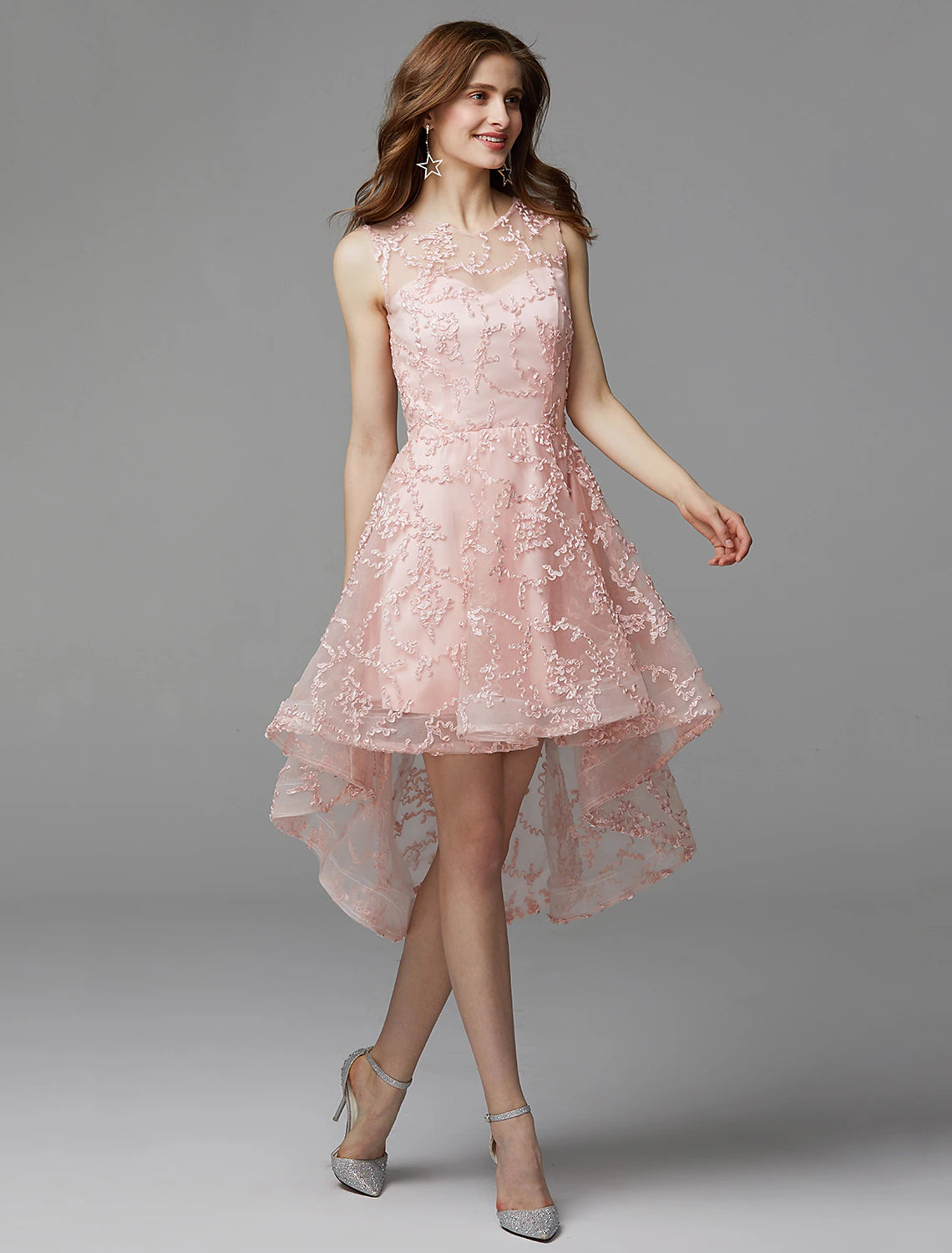 wholesa A-Line Hot Dress Wedding Guest Cocktail Party Asymmetrical Sleeveless Illusion Neck Tulle with Appliques