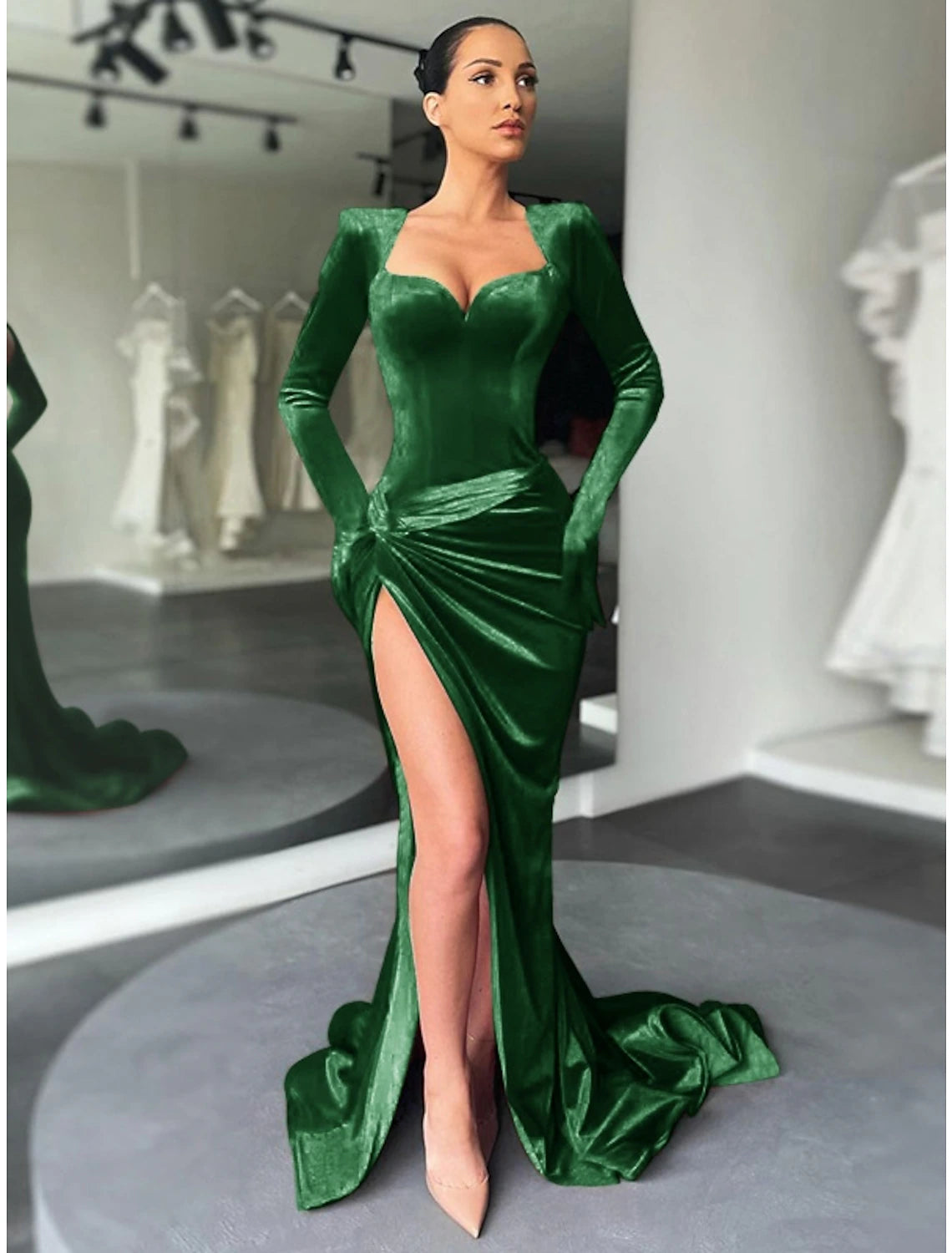 Wholesa  Mermaid / Trumpet Evening Gown Elegant Dress Formal Wedding Court Train Long Sleeve Square Neck Velvet