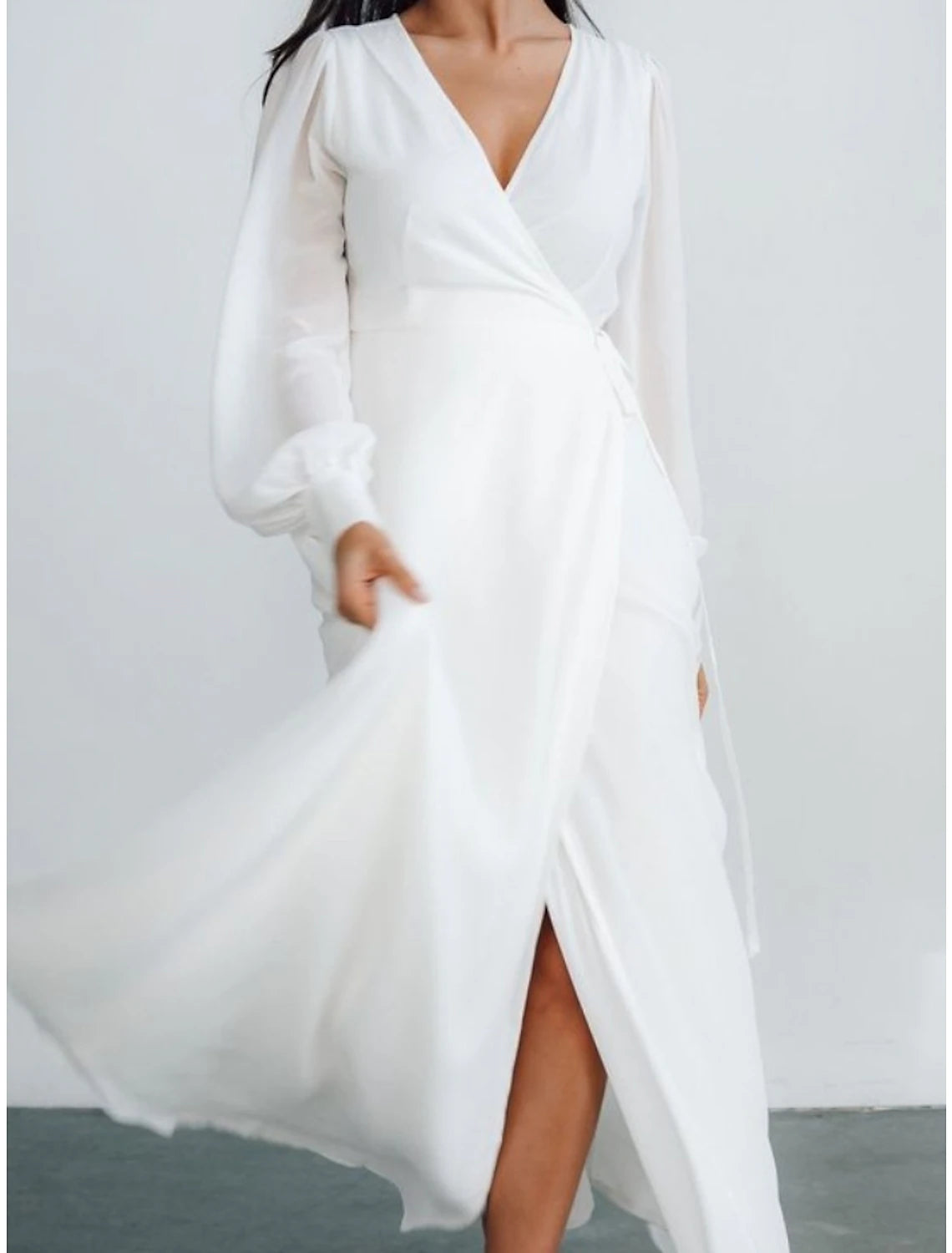 Wholesa Little White Dresses Wedding Dresses A-Line V Neck Long Sleeve Ankle Length Chiffon Bridal Gowns With Pleats Split Front