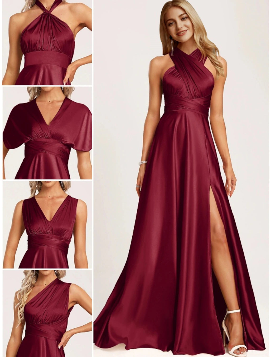 Wholesa  A-Line Bridesmaid Dress Halter Neck Sleeveless Elegant Floor Length Stretch Satin with Split Front / Ruching