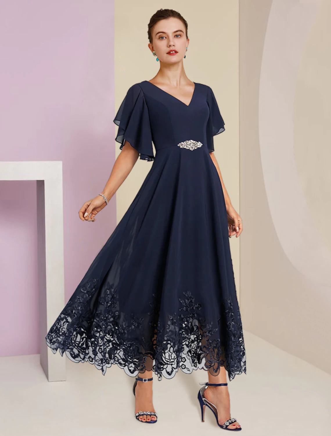 wholesale  A-Line Mother of the Bride Dress Formal Fall Wedding Guest Elegant V Neck Tea Length Chiffon Lace Short Sleeve with Appliques Crystal Brooch