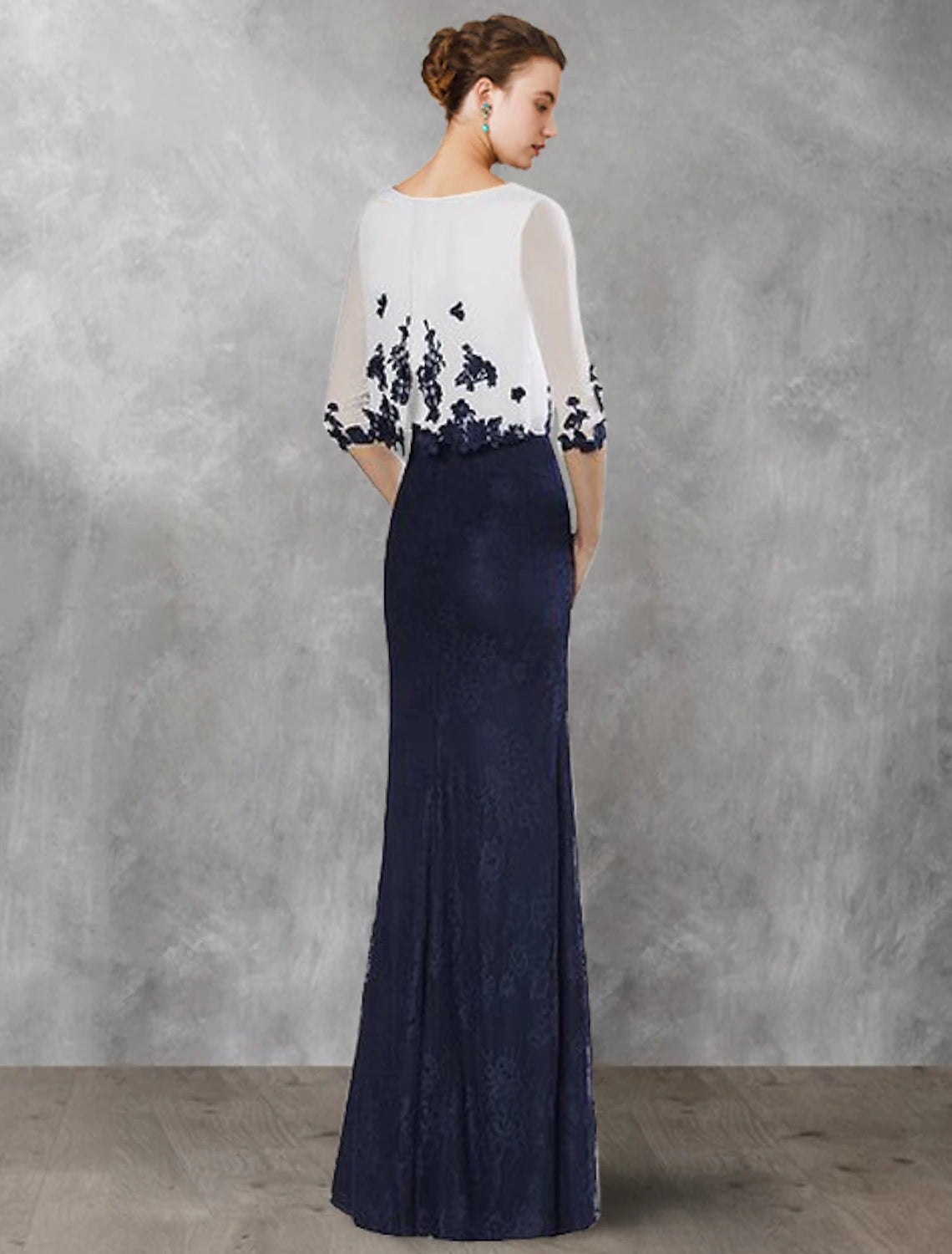 wholesale  Two Piece Sheath / Column Mother of the Bride Dress Wedding Guest Vintage Elegant Jewel Neck Floor Length Chiffon Lace Half Sleeve with Appliques Color Block