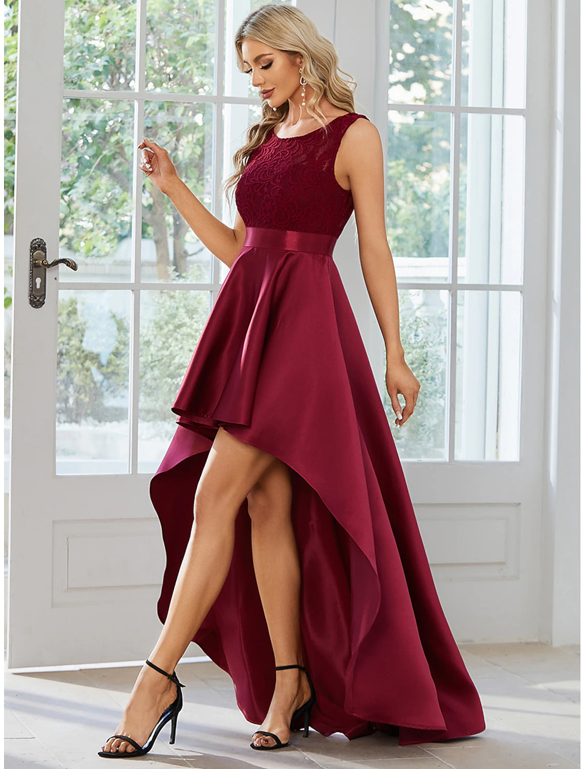 Wholesa  A-Line Wedding Guest Dresses Casual Dress Party Wear Wedding Party Asymmetrical Sleeveless Jewel Neck Satin with Pure Color