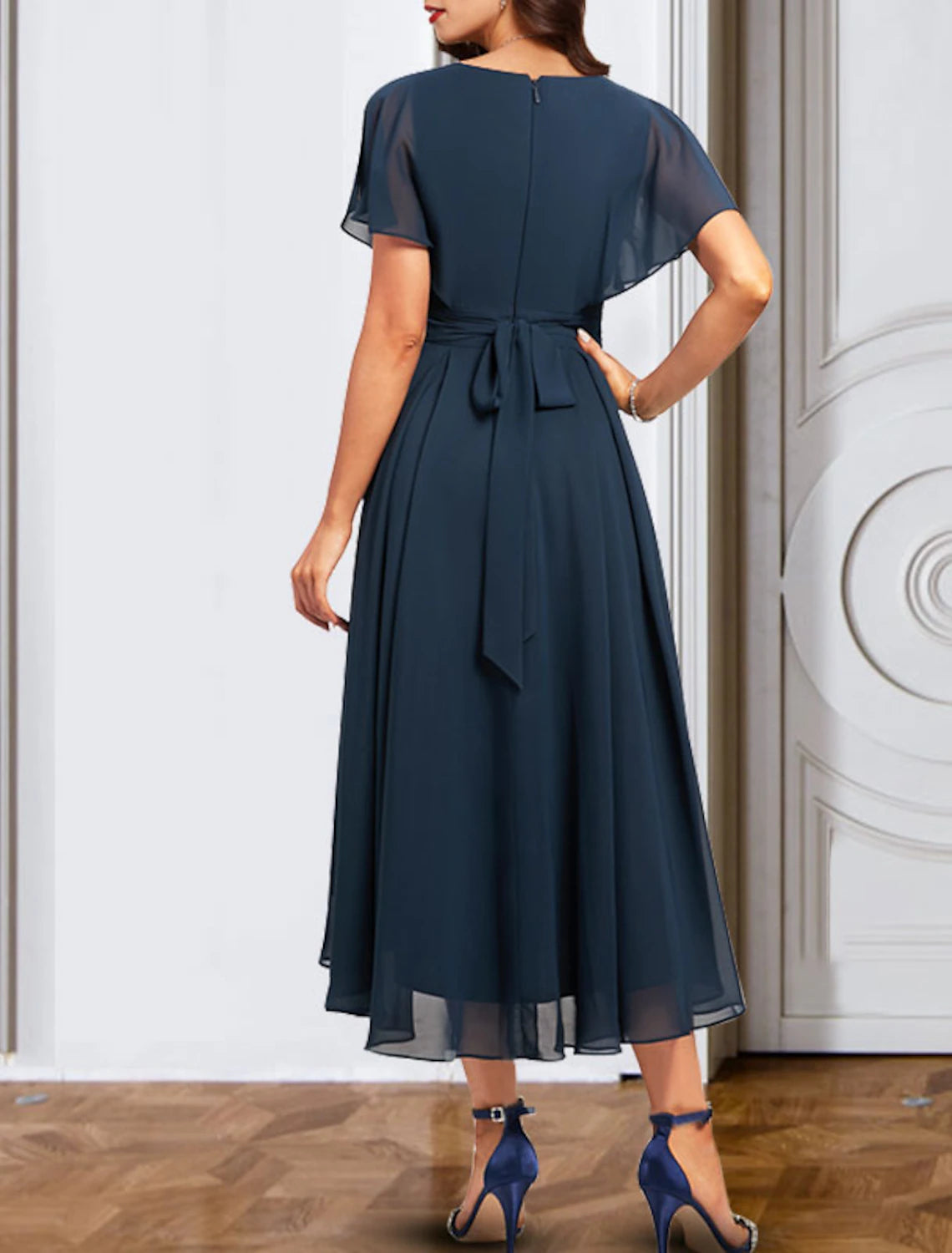 Wholesa A-Line Cocktail Dresses Elegant Dress Wedding Guest Party Wear Ankle Length Short Sleeve V Neck Fall Wedding Guest Chiffon with Pure Color Strappy